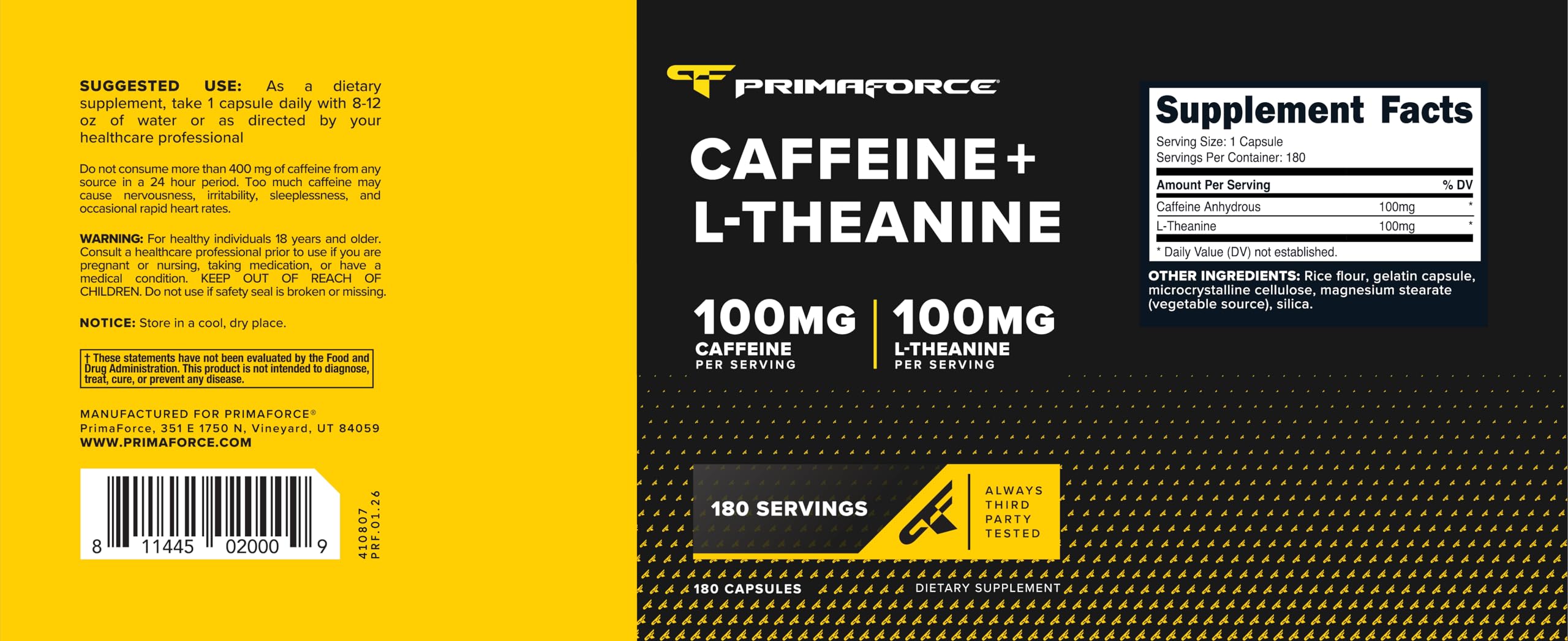 Primaforce Caffeine with L-Theanine (100mg of Each) 180 Capsules — Amazon image 5