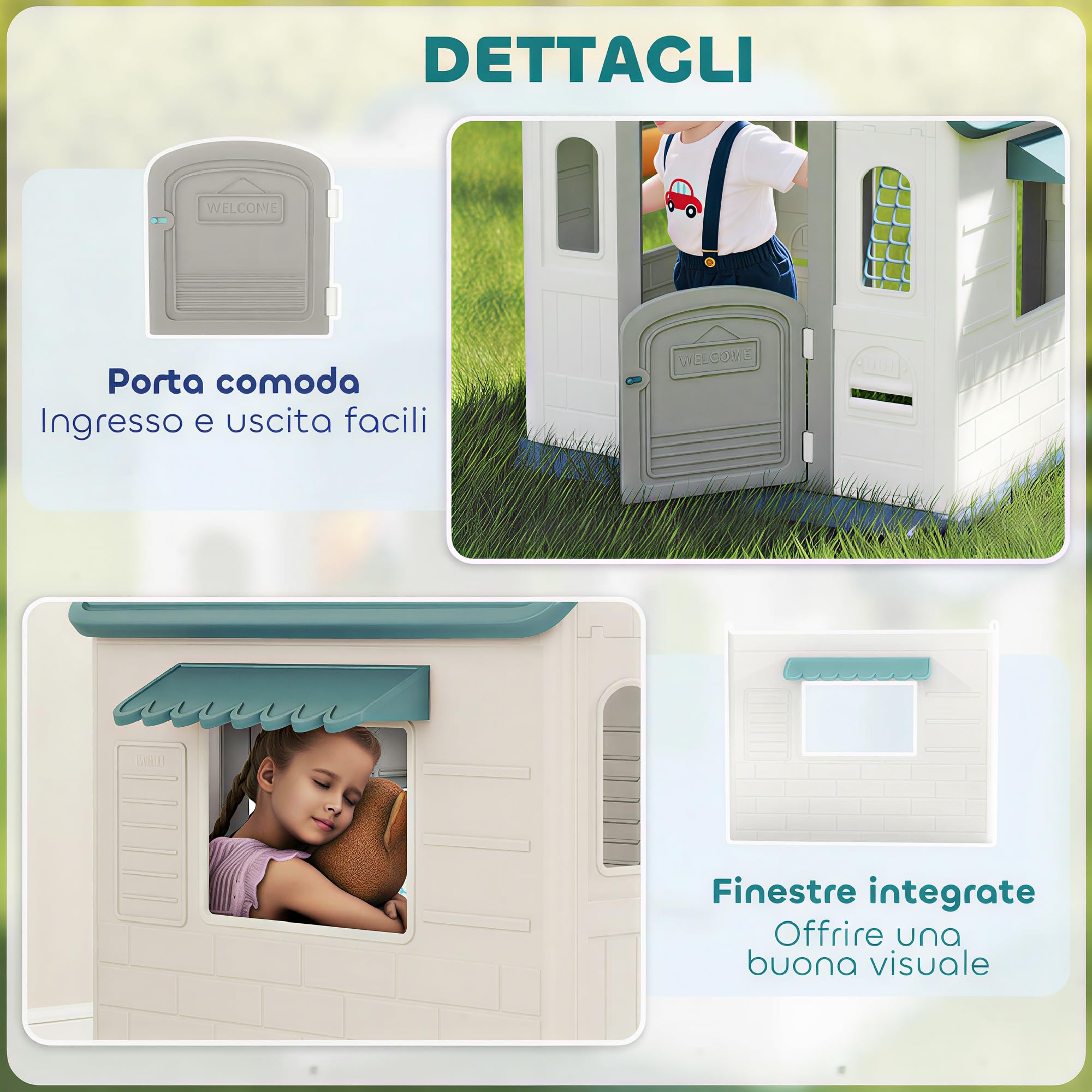 AIYAPLAY Casita Infantil Exterior e Interior 5 en 1, Casita Infantil de Jardín con Lanzamiento de Aros, Baloncesto, Fútbol, Dardos, Casa de Juegos para Niños de 2-5 Años, Beige