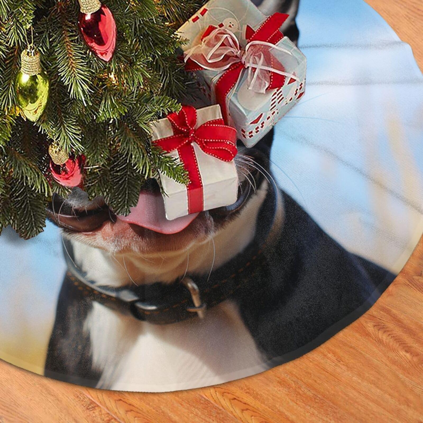 Fodpand Black Lovely Boston Terrier Christmas Tree Skirt 36" Velvet Xmas Tree Skirt Mat Rustic Christmas Tree Mat Cover Winter Xmas Tree Collar For Indoor Outdoor Christmas Decorations