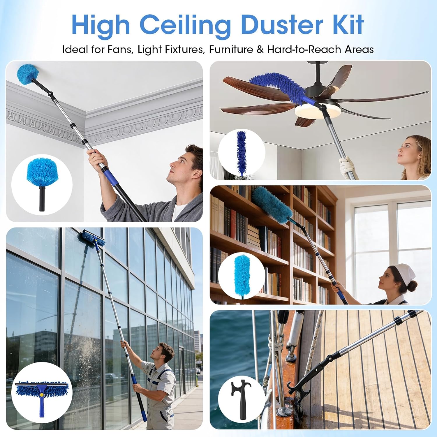 Light Bulb Changer for High Ceilings, 3.4-12.4FT Extension Pole Telescopic Extension Poles for Cleaning, Ceiling Fan Cleaner Duster Kit with Baskets, Suction Cup, Plush Brush for Roof Window Cleaning