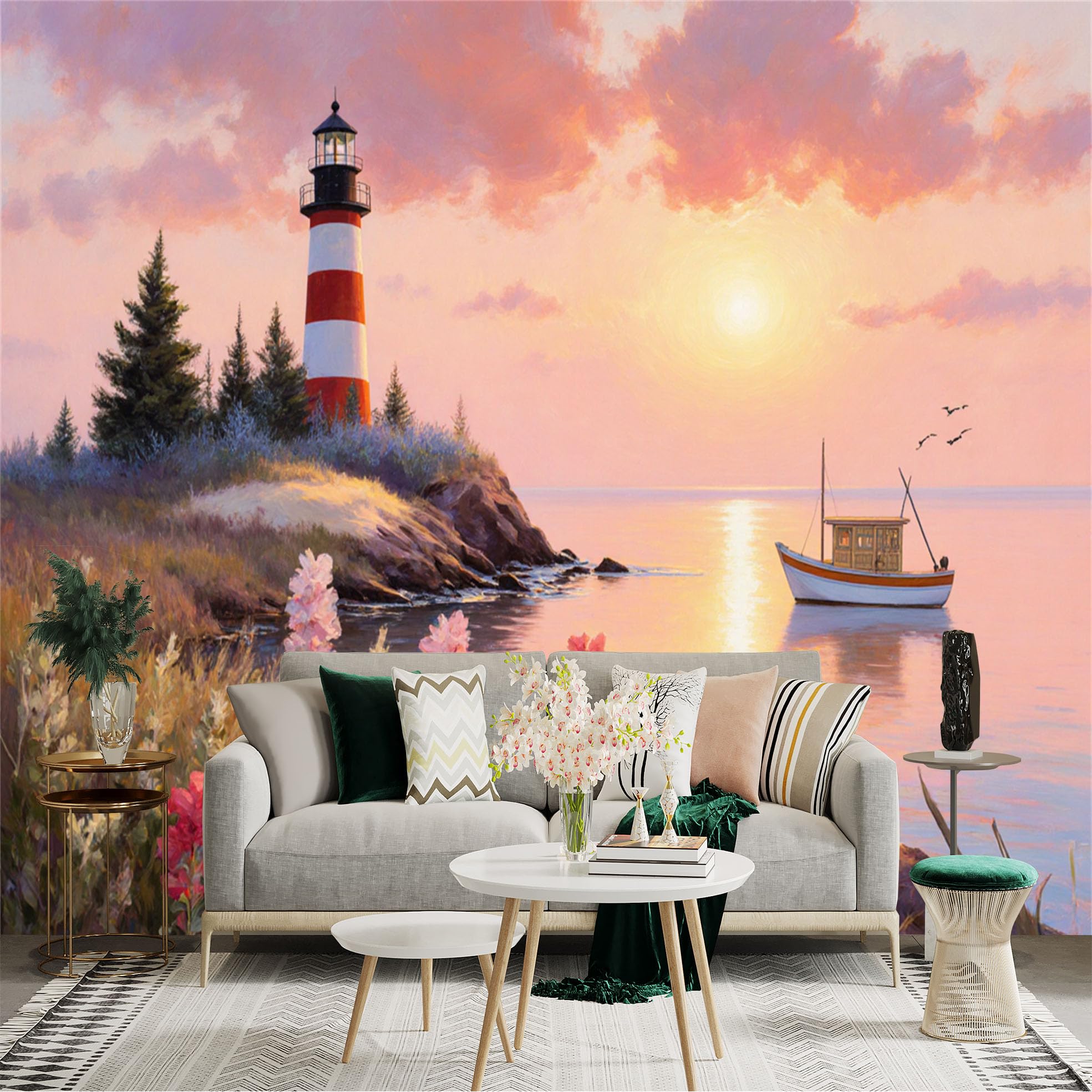 Lnzczhyre Xc260505043 Custom Size Wall Sticker Mural， Scenic Lighthouse By The Sea， Peaceful Sunset Ocean View， Sailing Boat And Coastal Wildflowers， For Wall Decoration， Peelandstick Wall Decals.