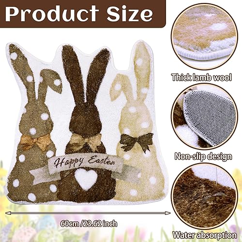 Miniatura 3 de Drydiet Alfombra de baño de conejo de Pascua, antideslizante, lavable, tapete decorativo de bienvenida con conejito blanco y marrón para el hogar,