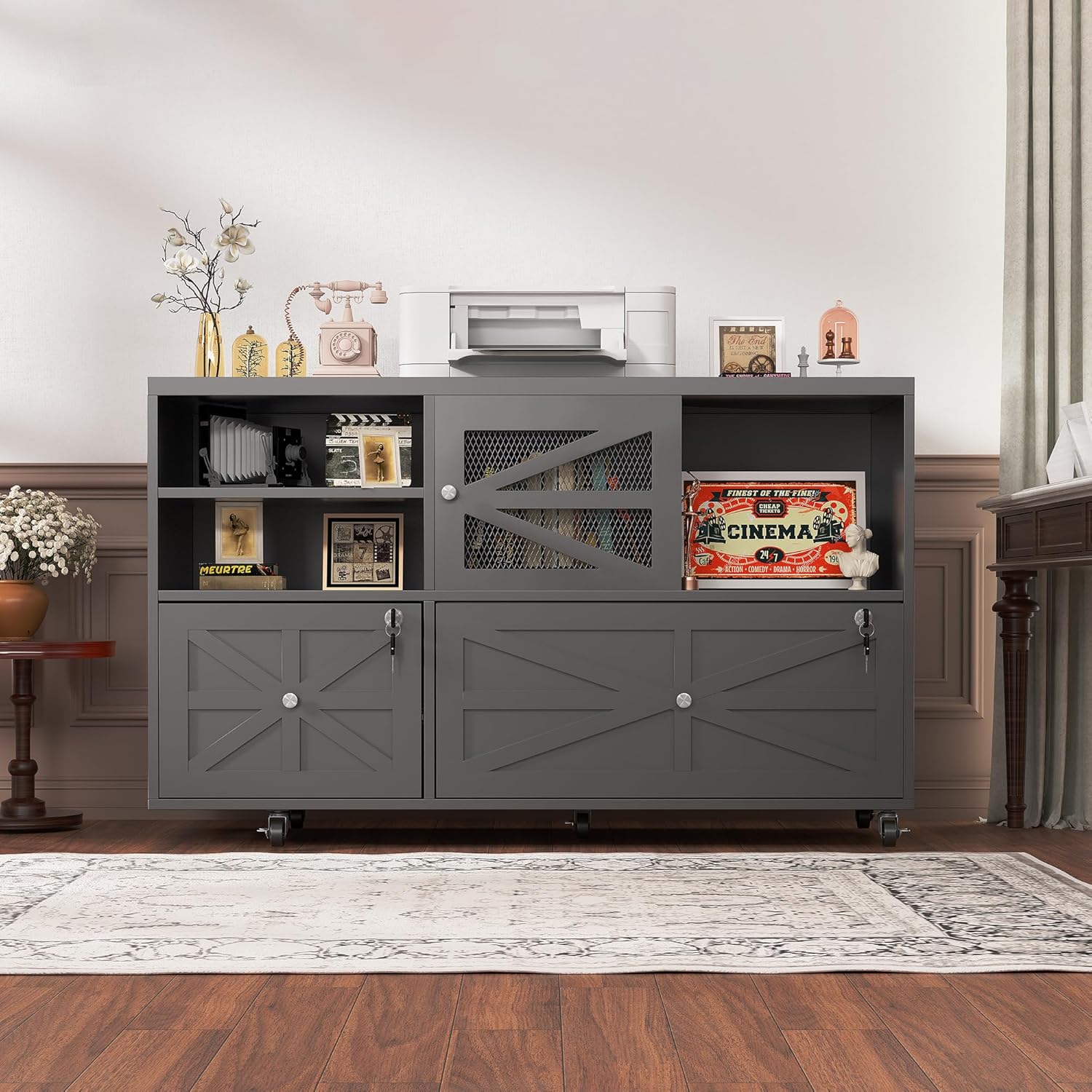 Semoic 2 Drawer Farmhouse File Cabinet with Lock, Mobile Lateral Filing Cabinet for Letter/Legal/A4 Size, Open Storage Adjustable Shelf for Home Office Cabinets, Black