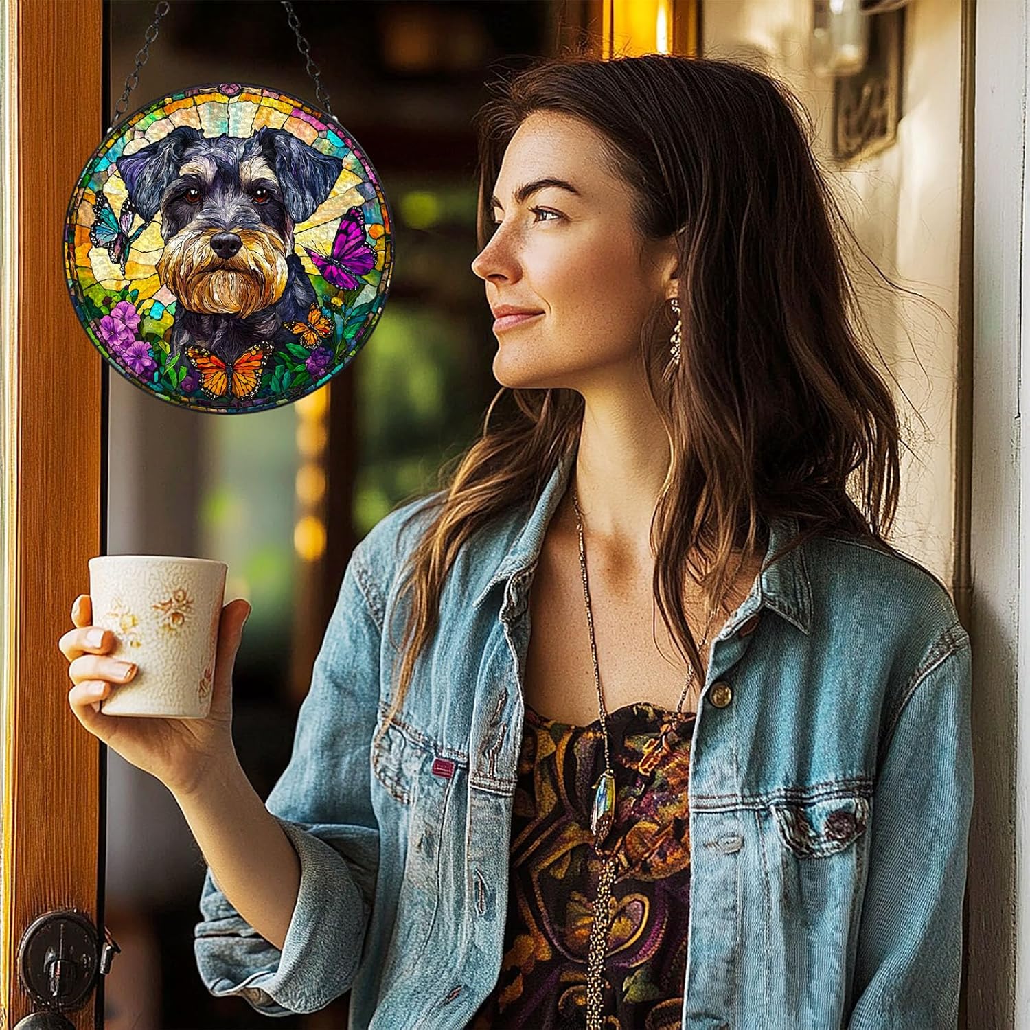 Stained Glass Suncatcher Miniature Schnauzer Dog Portrait and Butterflies Handmade Window Hangings Colored Glass Suncatcher Crafts Kits for Indoor Garden Christmas Decoration 20x20cm-1-3