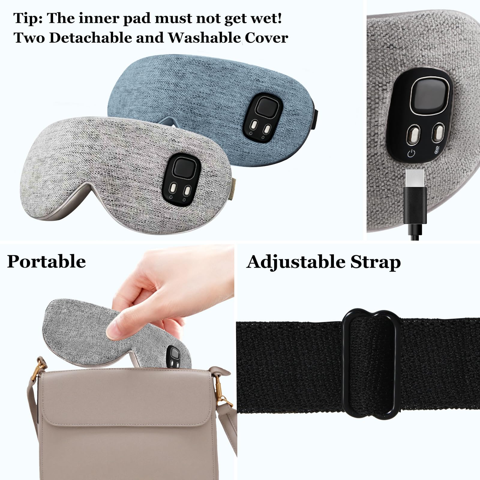 Máscara térmica para ojos – Máscara de ojos inalámbrica para ojos secos, alivio de ojos, sueño mejorado, almohadilla térmica lavable para viajes, extraíble para limpieza y 2 fundas, tiempo y