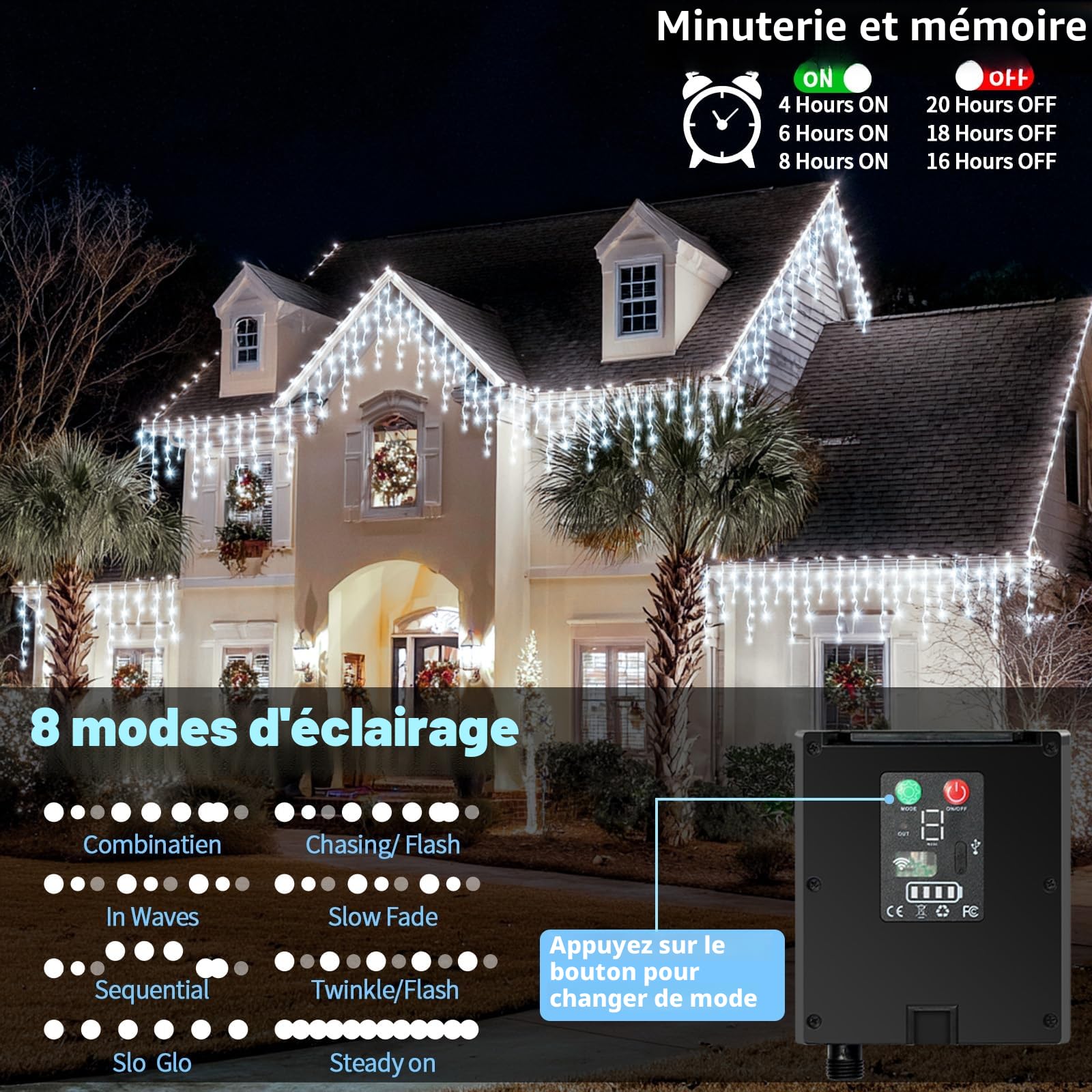 Solaire Guirlande Lumineuse Extérieure [20m +5m], 660LEDs Guirlande Noel Extérieure,8 Modes,Extensible, Rideau Lumineux Noë Alimentation USB,IP65 Etanche Avec télécommande Timer（Blanc）
