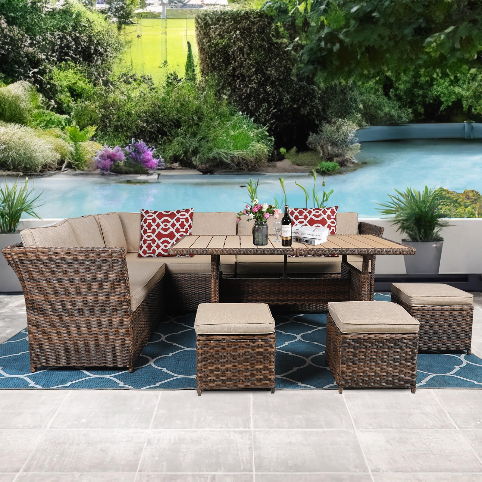 VIVIJASON7 Pieces Patio Wicker Furniture Set Outdoor Sectional Sofa Conversation Set All Weather Rattan Couch Garden Dining Table & Chair with Ottoman, Brown