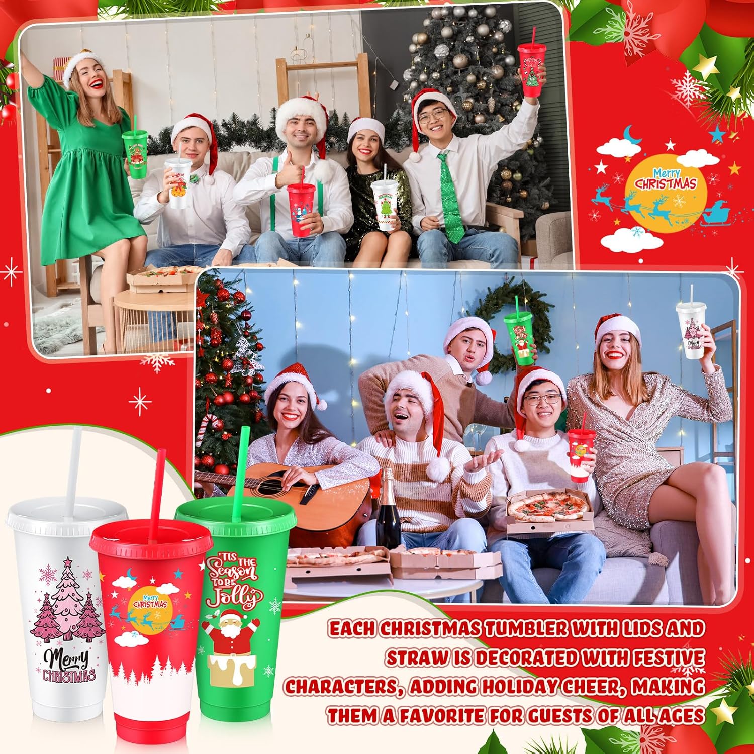 Skylety 24 Pcs Christmas Cups with Lids and Straws Bulk, 24 oz Reusable Plastic Christmas Tumblers Xmas Drinking Coffee Cups for Holiday Party Supplies and Home Office Gift - Image 5