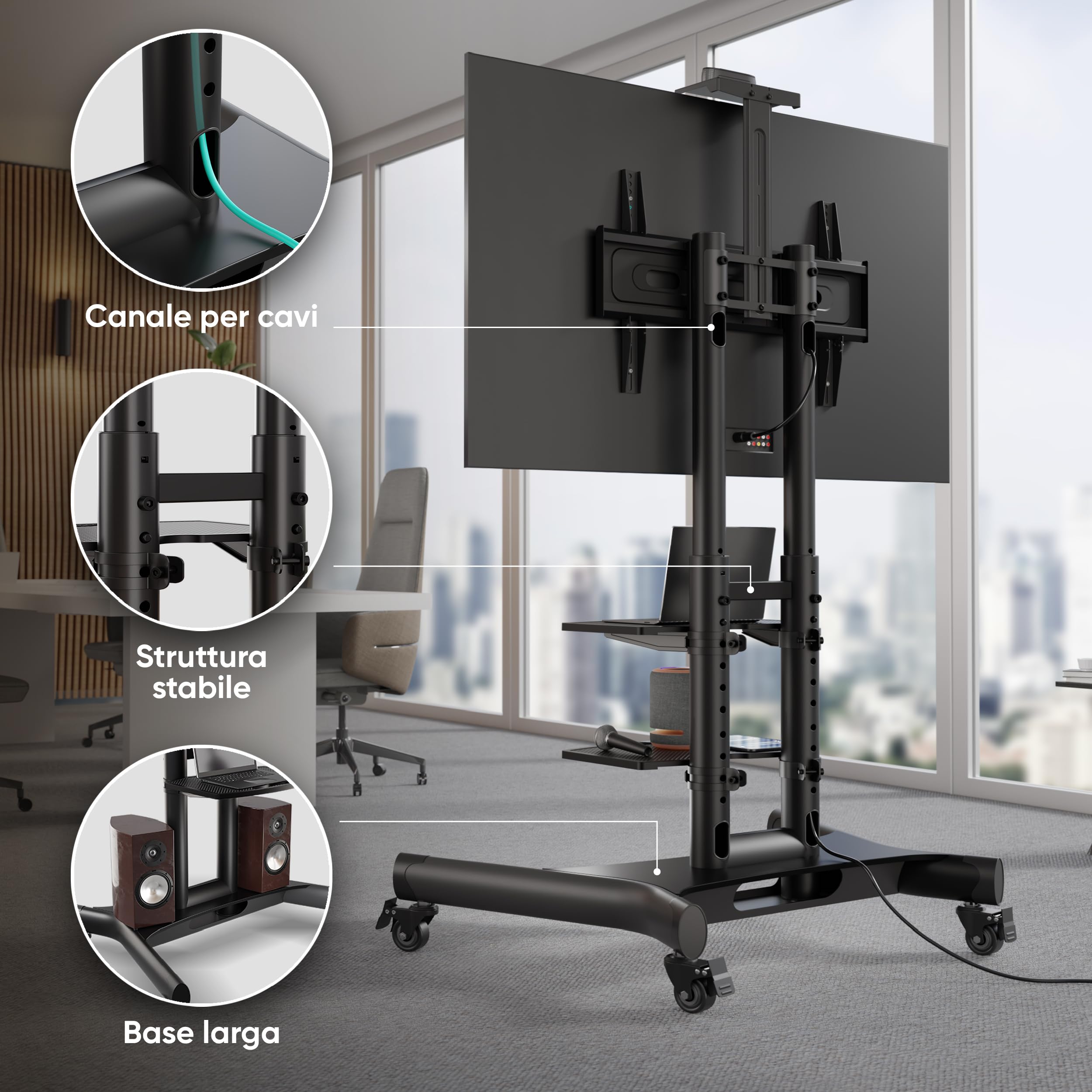 ONKRON Supporto TV da Pavimento 40"-70", Carico totale 60,5 kg, Porta TV da Terra Mobile VESA 100x100-600x400 mm, Carrello per Schermo Regolabile, Porta Televisore Mobile, Professionale, Nero TS1552-B