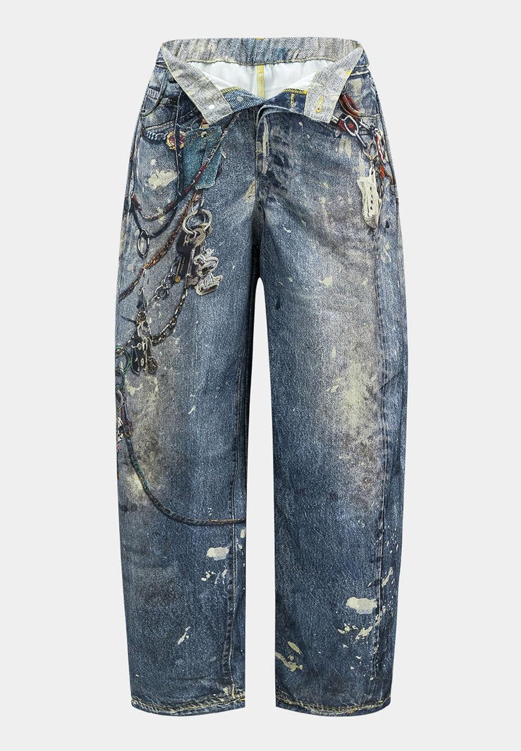 Womens Color Block Button Wide Leg Jeans 3D Print Stretchy Y2K Baggy Casual Plain Straight-Leg Denim Trousers