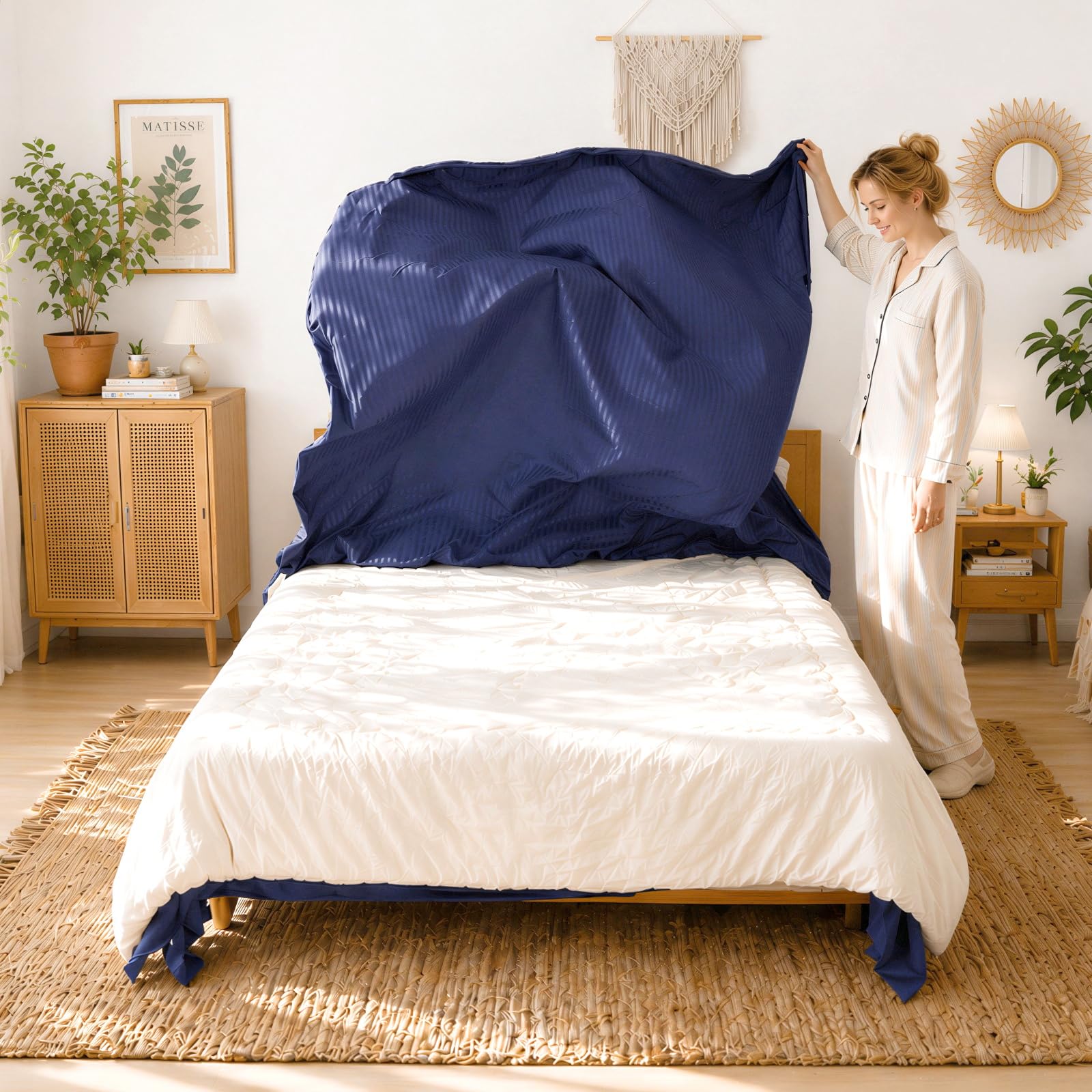 Ouverture 3 Côtés Changement Rapide (1 Personne, 2 Min) Housse de Couette 220x240cm Bleu Marine | Microfibre Ultra-Fin + 2 Taies d’Oreiller 80x80cm