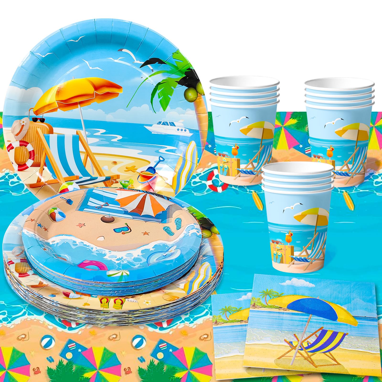 Forniture Estive per Feste in Spiaggia, 20 Ospiti Set per Feste in Mare Comprende Piatti di Carta a Tema Spiaggia, Bicchieri, Tovaglioli, Tovaglie Decorazioni per Feste di Compleanno in Mare