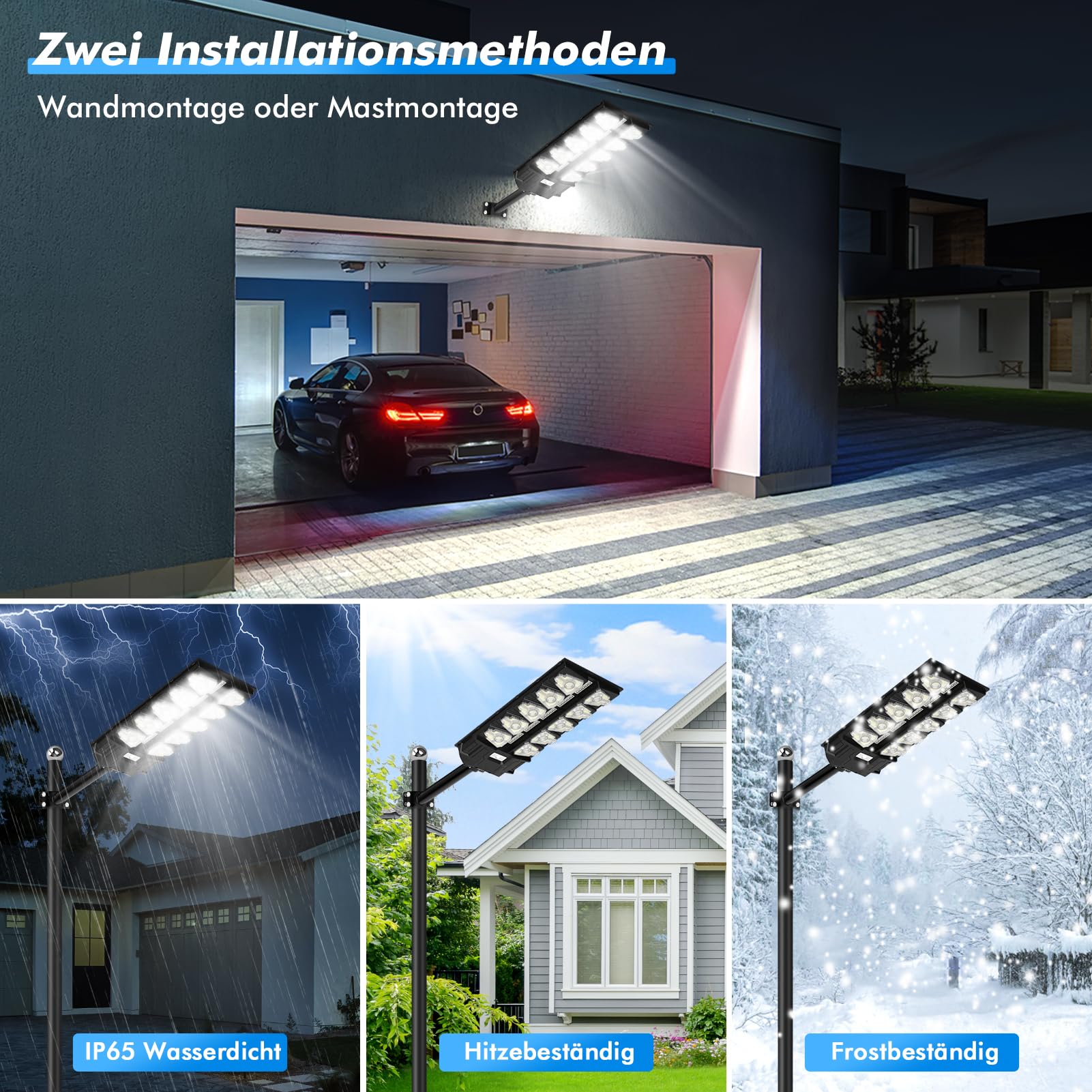 Bellany 4er 2000W Solar Straßenlaterne für Außen, 20000LM LED Strahler mit Bewegungsmelder, IP65 Wasserdichte Solarlampen mit Bewegungssensor, 6500K Solarleuchte Solarstrahler für Hof Garage Parkplatz