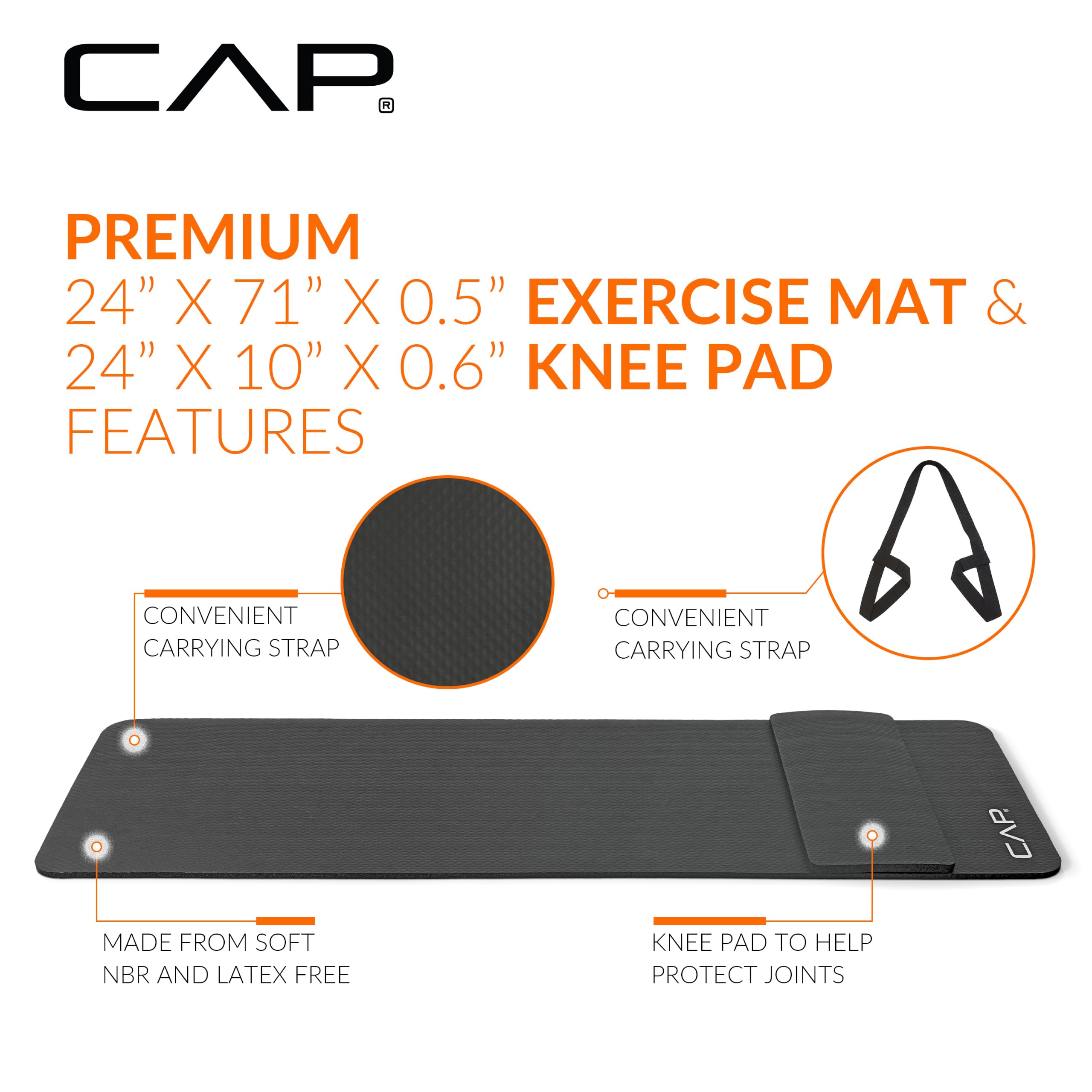 CAP 1/2" Thick Yoga Mat, Exercise Mat with Knee Pad & Strap, Black view 3