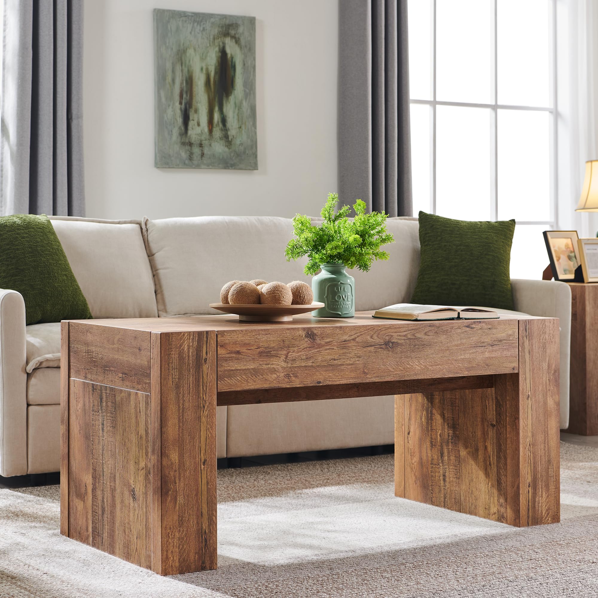 OKD 48" Wide Modern Coffee Table, Wooden Center Tables with Hidden Storage Drawer, Rustic Rectangular Side Table for Living Room, Office, Wood Thick