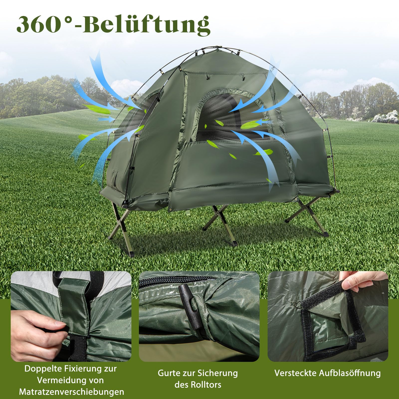 GYMAX Tienda de Campaña con Cama de Campo, Cama de Camping con Saco de Dormir, Colchón de Aire y Almohada, Tienda de Campaña con Protección Solar y Bolsa de Transporte