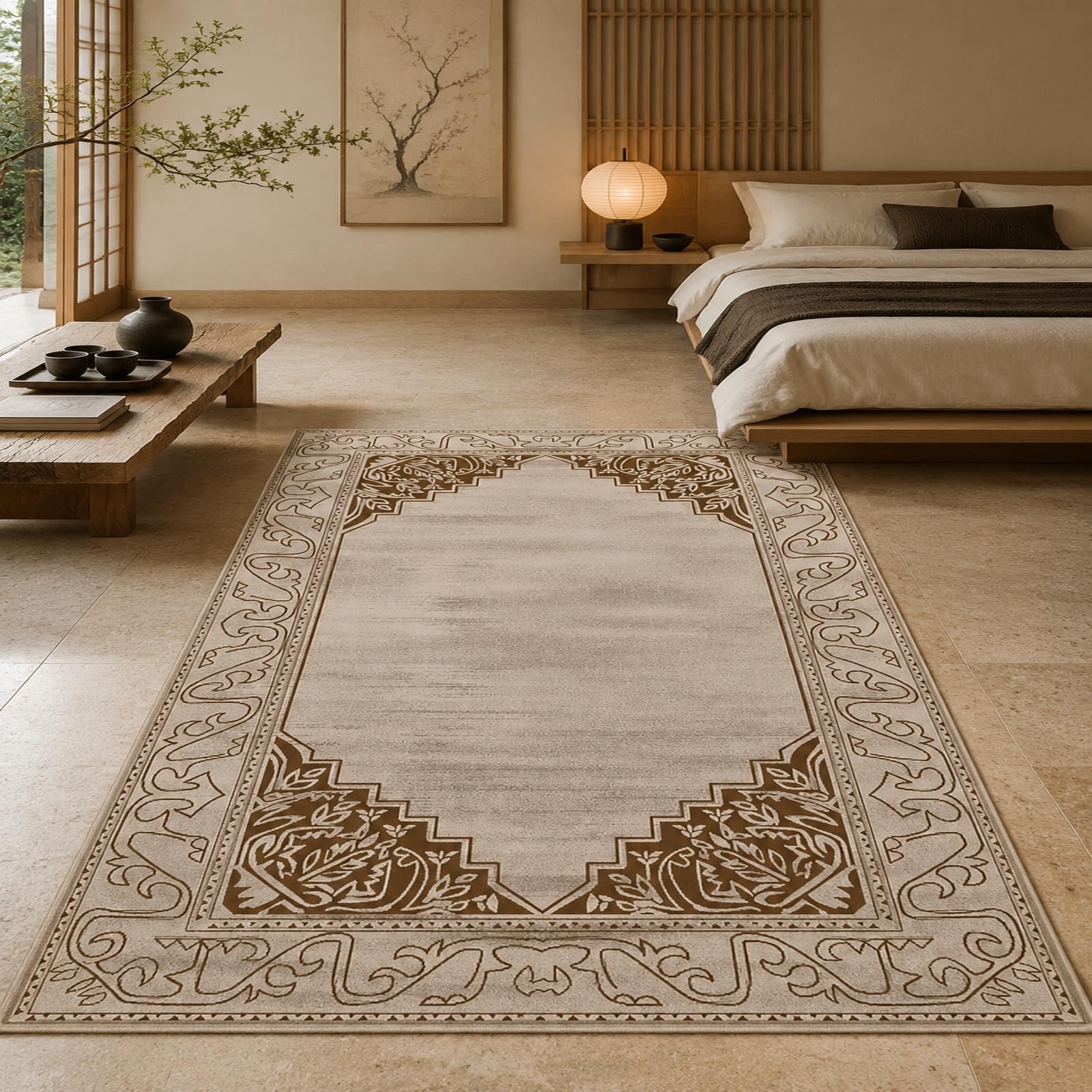 Tapis de jardin et terrasse oriental marron 160x160 cm sous canapé de salon