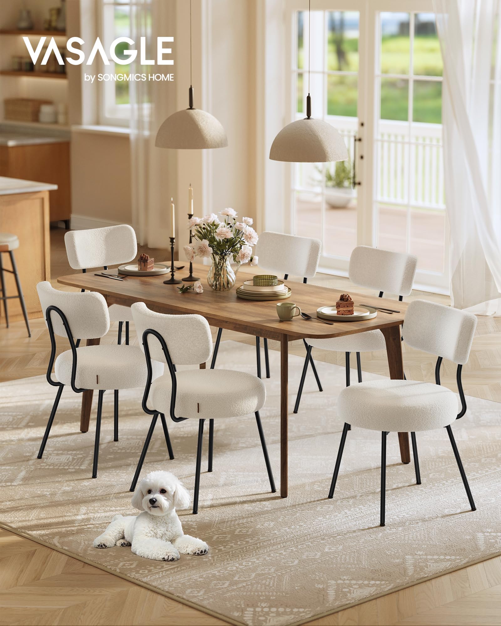 VASAGLE Chaises Salle à Manger, Lot de 6, Tissu Peluche, Dossier Courbé, Chaises de Cuisine, Rembourrées, Cader en Acier, Modernes, Salon, Coiffeuse, Blanc Crème KDC110W16