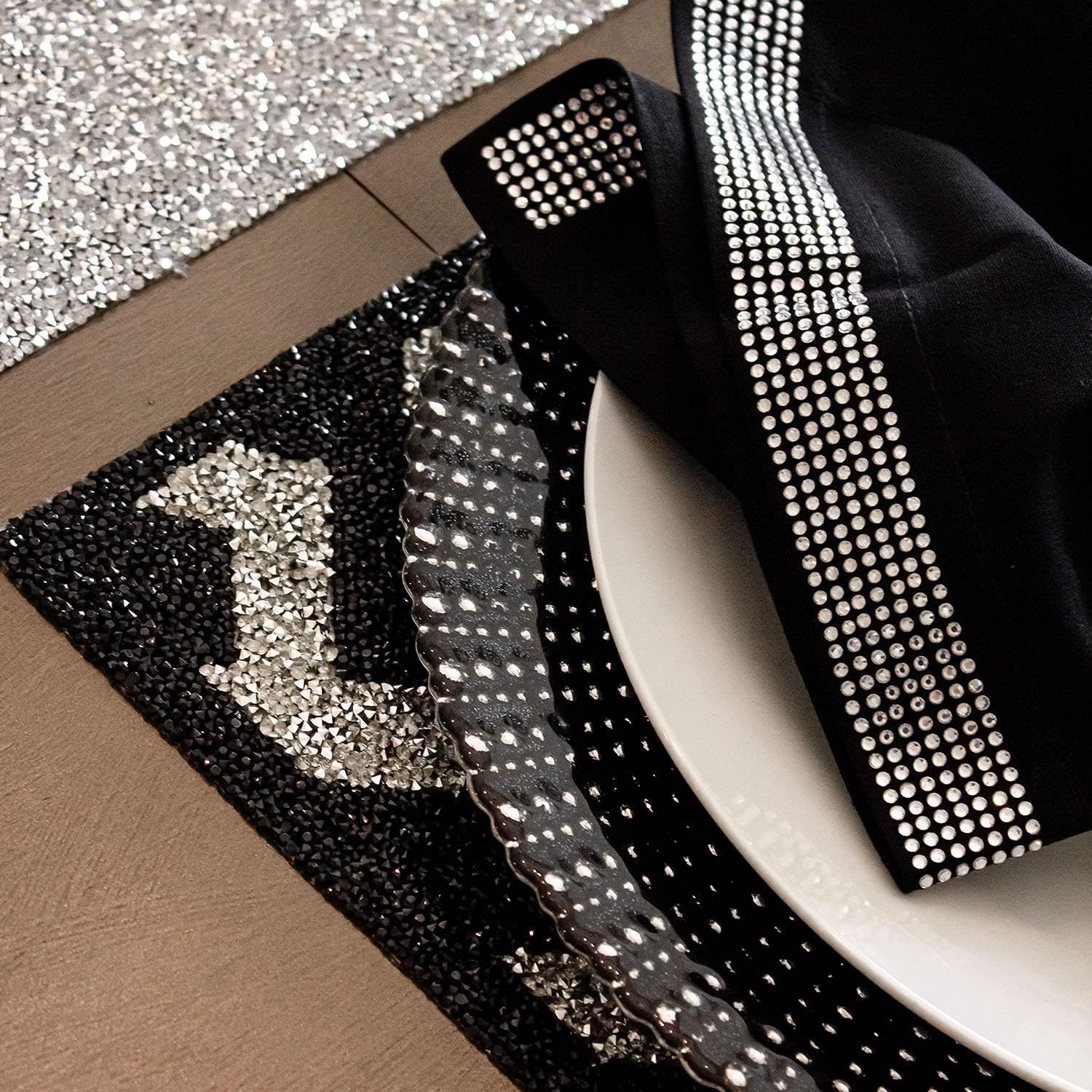 Luminous Diamonds Placemat, Black & Silver Rhinestone Pattern, Non-Slip Back, for Dramatic Home Dining Table Setting, Event, Wedding, Black & Silver, 14", Sold Individually