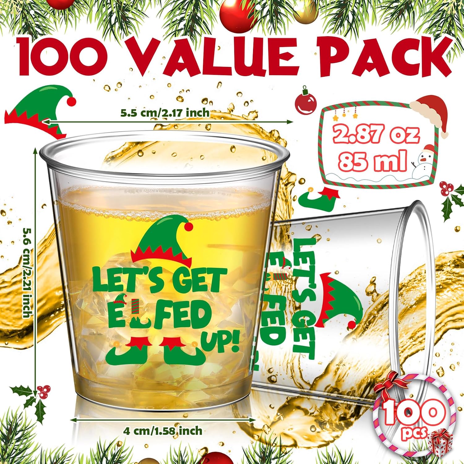 Nuogo 100 Pcs Disposable Christmas Glasses, 2.87oz Plastic Clear Holiday Glasses Mini Cups for Christmas New Year Party Gift Supplies（Let's Get Elfed up）