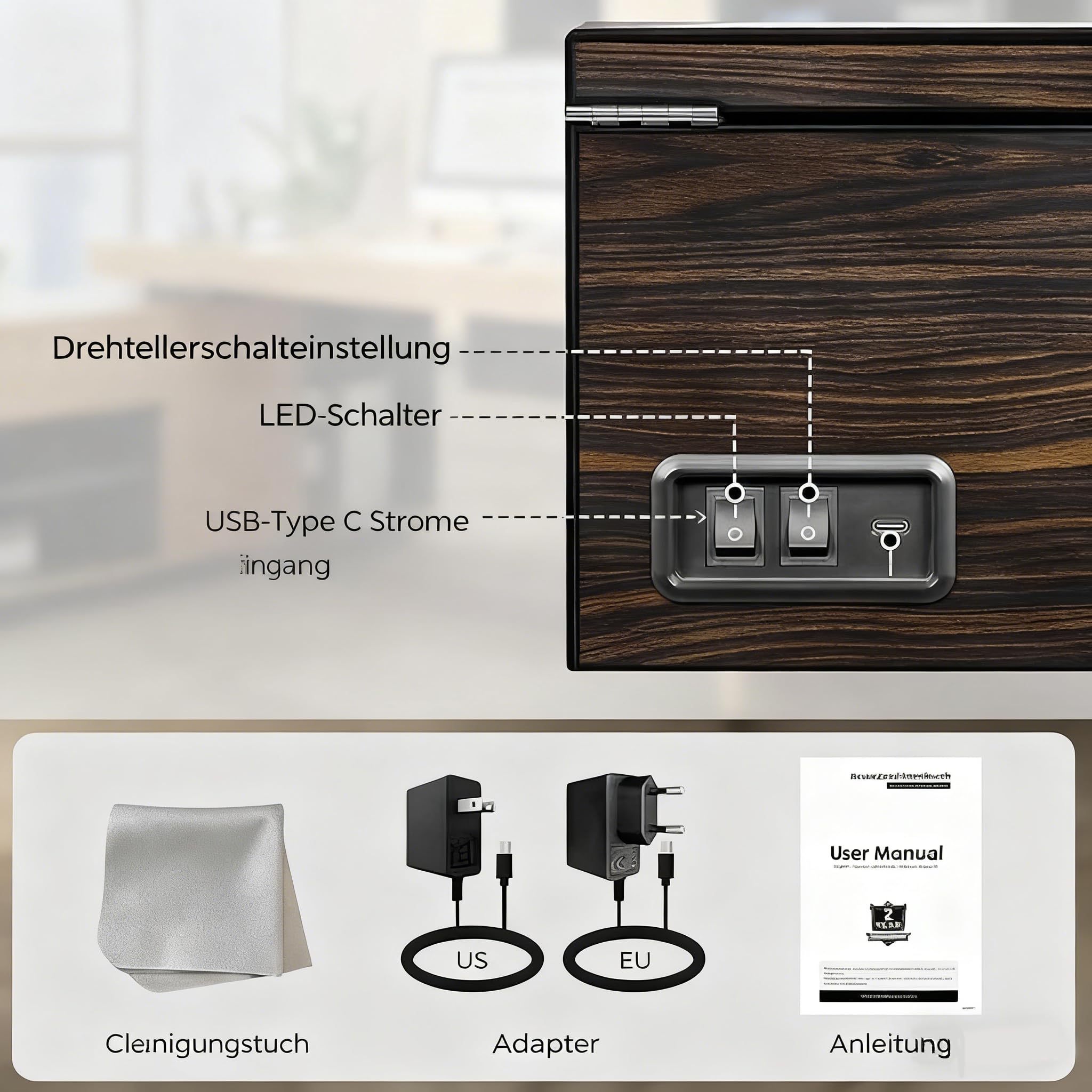 ANWBROAD Uhrenbeweger für Automatikuhren 4 Uhrenrotatoren und 6 zusätzliche Stauräume mit superleisen Mabuchi-Motor LED-Hintergrundbeleuchtung Uhrendreher Uhrenschüttler 4 Modi Geschenk USB