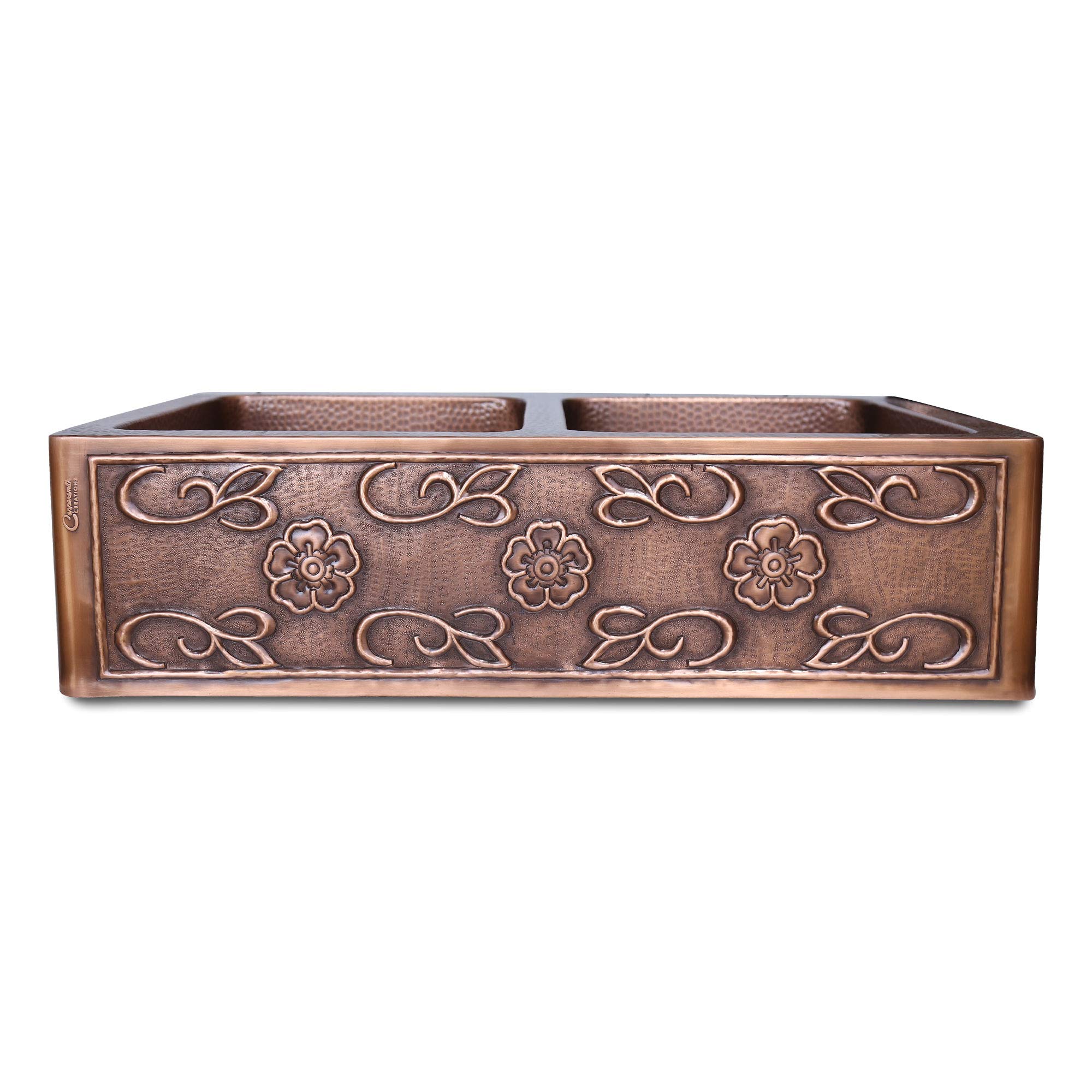 Three Flower Design Copper Undermount Kitchen Sink - Double Bowl 16-Gauge Front Apron Antique Finish Basin - Perfect For Home, Hotel, Farmhouse Eye Catching Accessory - Dimensions 33″ X 22″ X 9″