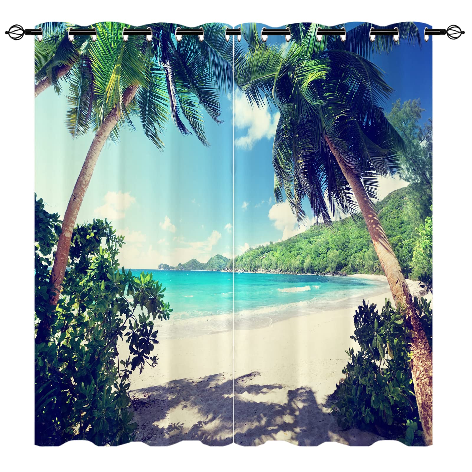 YUANZU Tropical Scene Curtains - Beach Coastal Island Palm Trees Ocean Landscape Pattern Eyelet Thermal & Room Darkening Blackout Window Drapes for Bedroom Living Room 2 Panels W229cm x D229cm