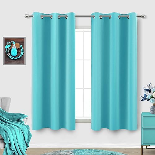 KOUFALL Turquoise Curtains for Kitchen Window Bathroom Blackout 45 Inch Length 2 Panels Set Light Teal Room Decor Short Curtains for Small Windows