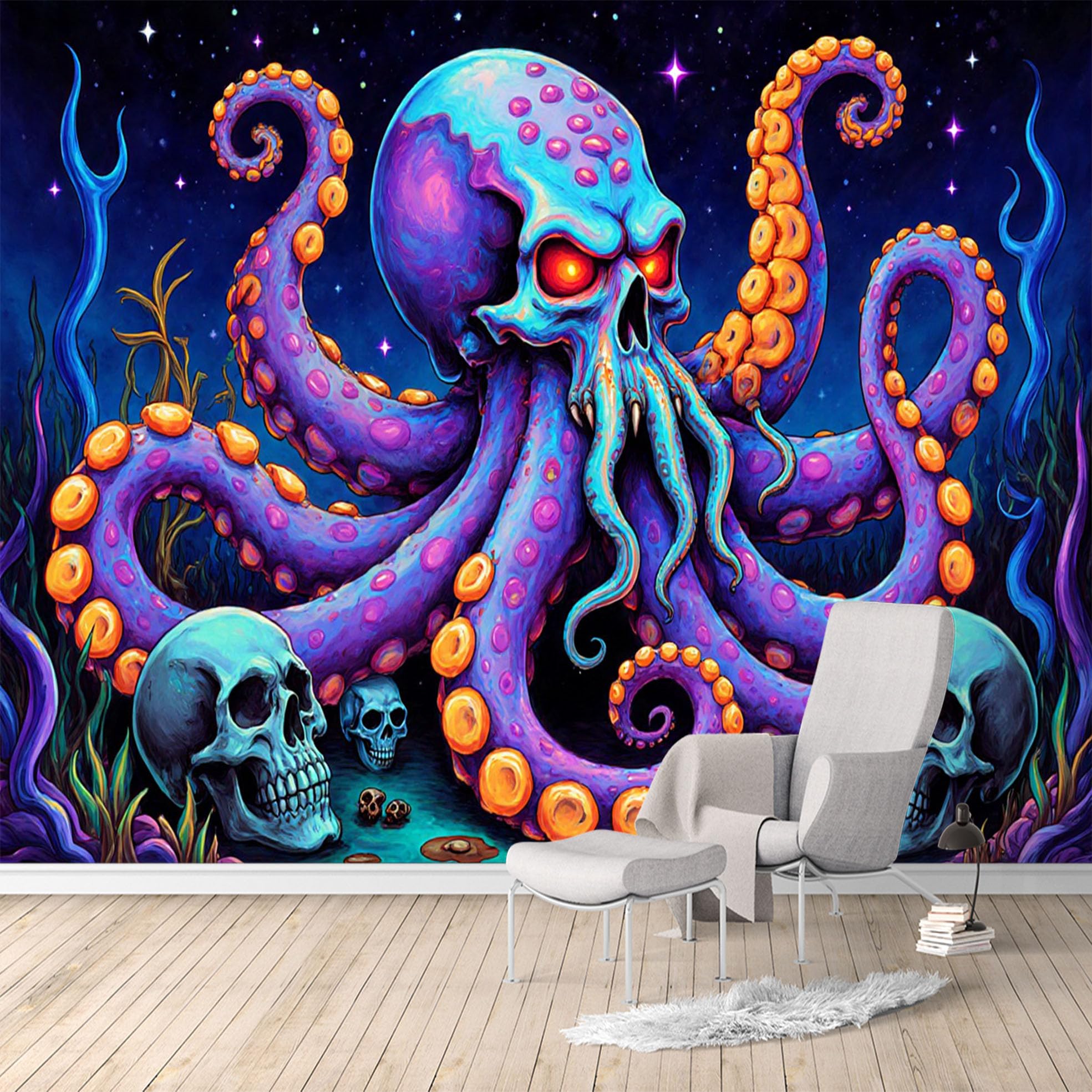 Custom Size Wall Murals, Psychedelic Skull Octopus, Neon Tentacles, Mystical Ocean Galaxy, Removable SelfAdhesive Large Wallpaper Mural for Living Room Bedroom Office