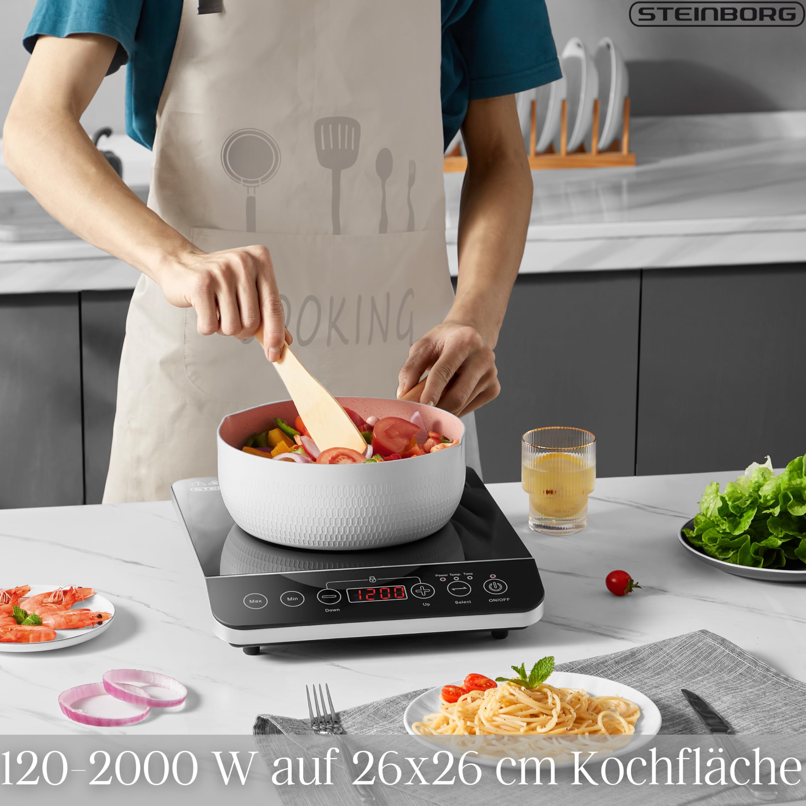 Steinborg® Induktionskochplatte Induktionskochfeld 1 Platte 2000 Watt Automatikprogramme Herdplatte Kochplatte Induktion Induktionsherd Touch Bedienfeld Kindersicherung Induktionsplatte