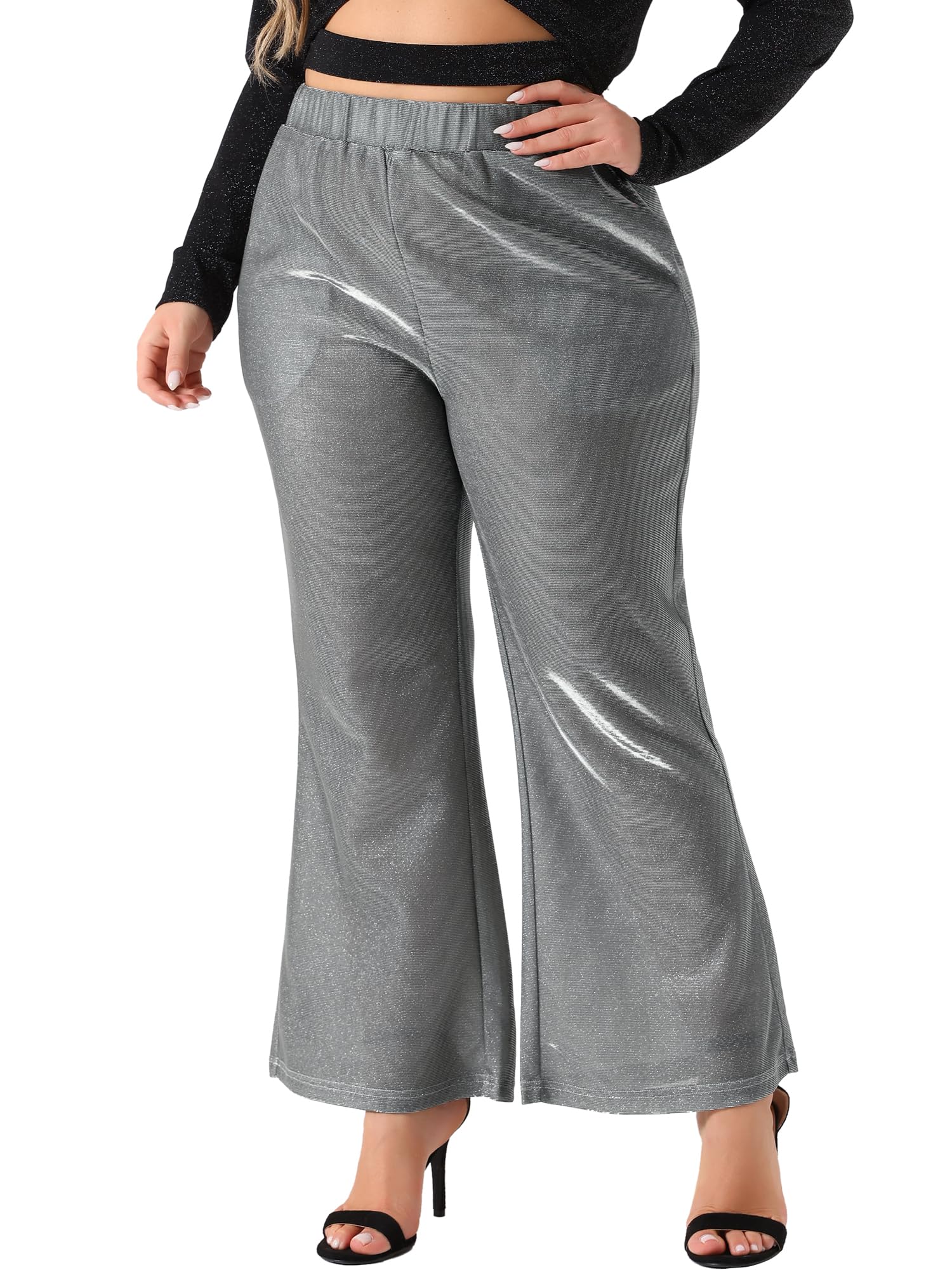 Agnes Orinda Plus Size Metallic Sparkly Pants for Women High Waist Wide Leg Pants Palazzo Trousers Clubwear