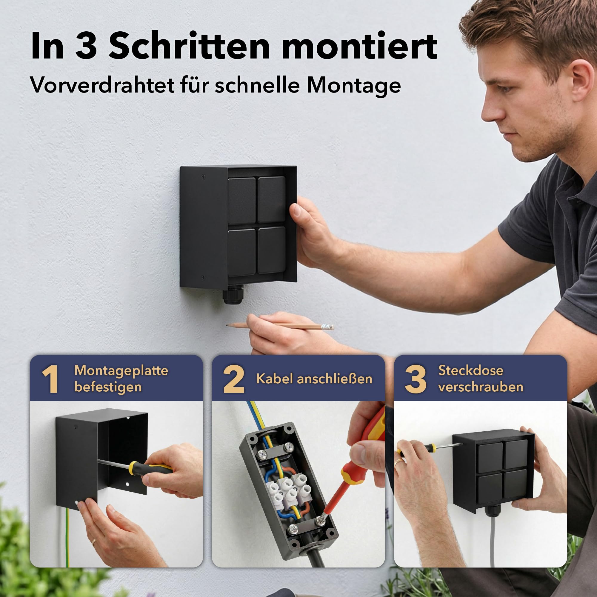 ledscom.de Außensteckdose 4-Fach STEDDA und 2m Kabel, IP44, Edelstahl schwarz quadratisch, Steckdosen für Garten, Terrasse und Außenbereich