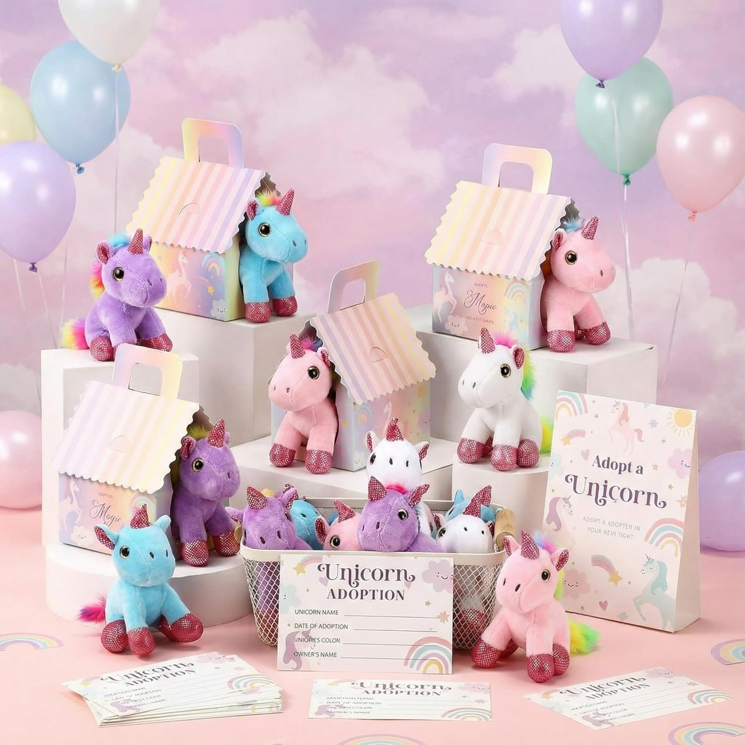 Blueweenly 73 Pcs Adopt Party Favors Set for Girl Mini Plush Stuffed Animal Gift Box Adoption Card 1 Animal Sign with Carton House for Adopt Pet Party Birthday (Glitter)