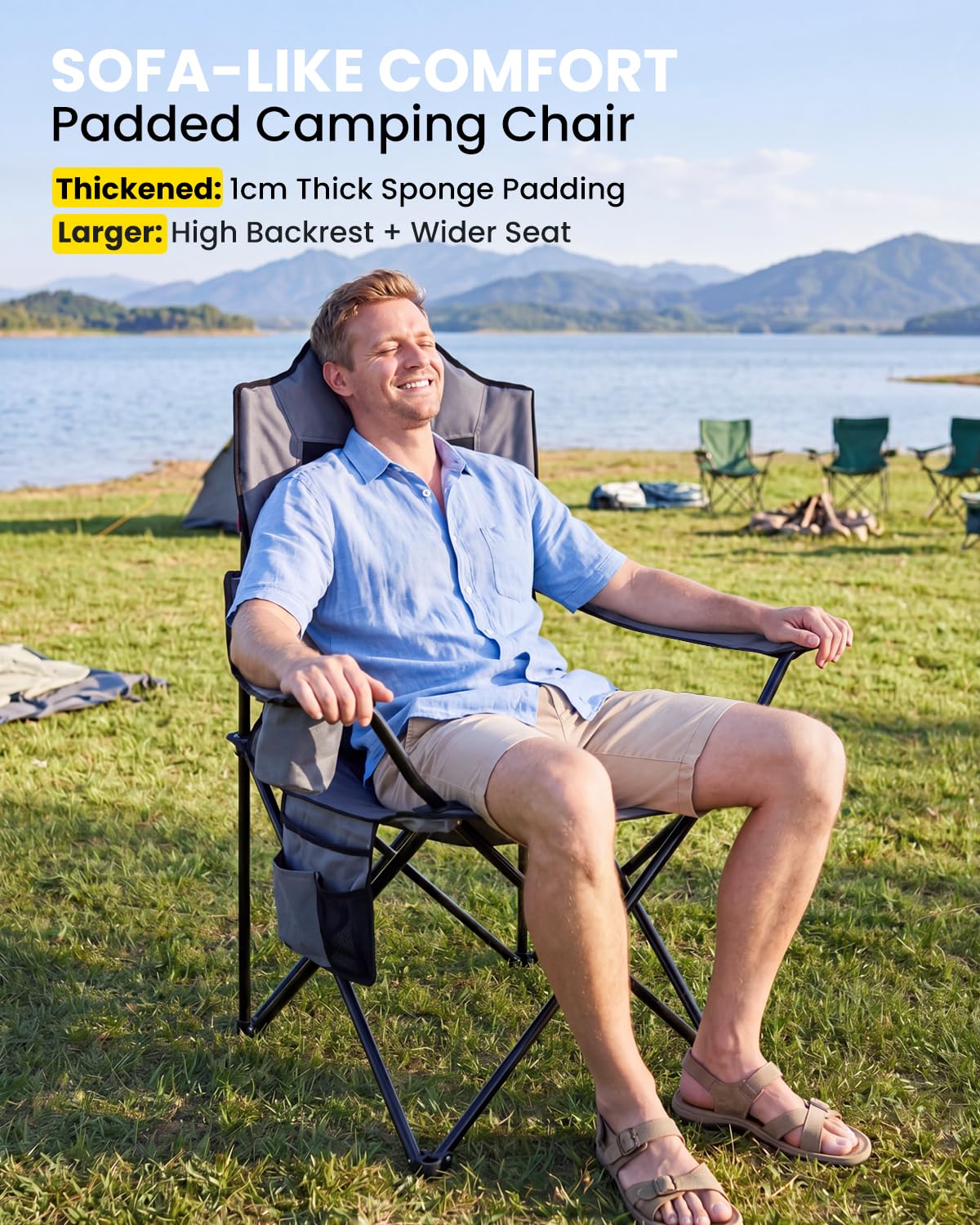 YEAUPE PRO Silla de Camping Plegable y Acolchada, Sillas de Pesca Extra Cómoda hasta 150 kg, Respaldo Alto, con Portavasos y Bolsa de Transporte, Silla Exterior para Camping, Playa, Jardín y Pesca