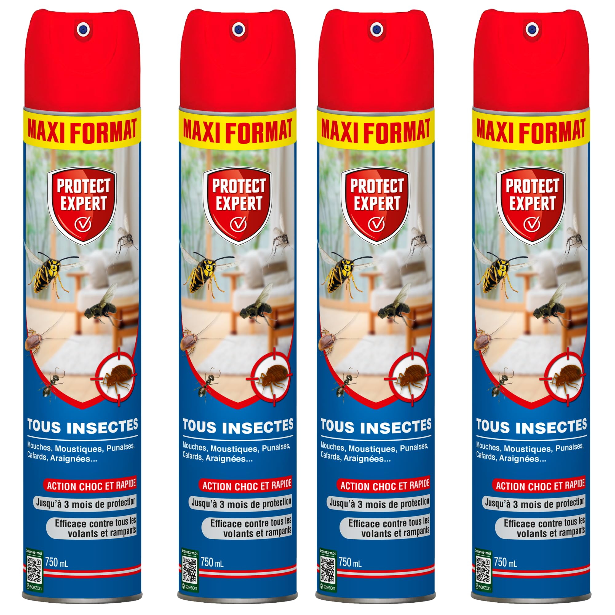 PROTECT EXPERT 4 Aérosols Insectes Volants & Rampants - 4x750ml | Moustiques, Mites, Fourmis, Puces - Action Curative & Préventive - Foudroyant - VOLRAMP750NX4