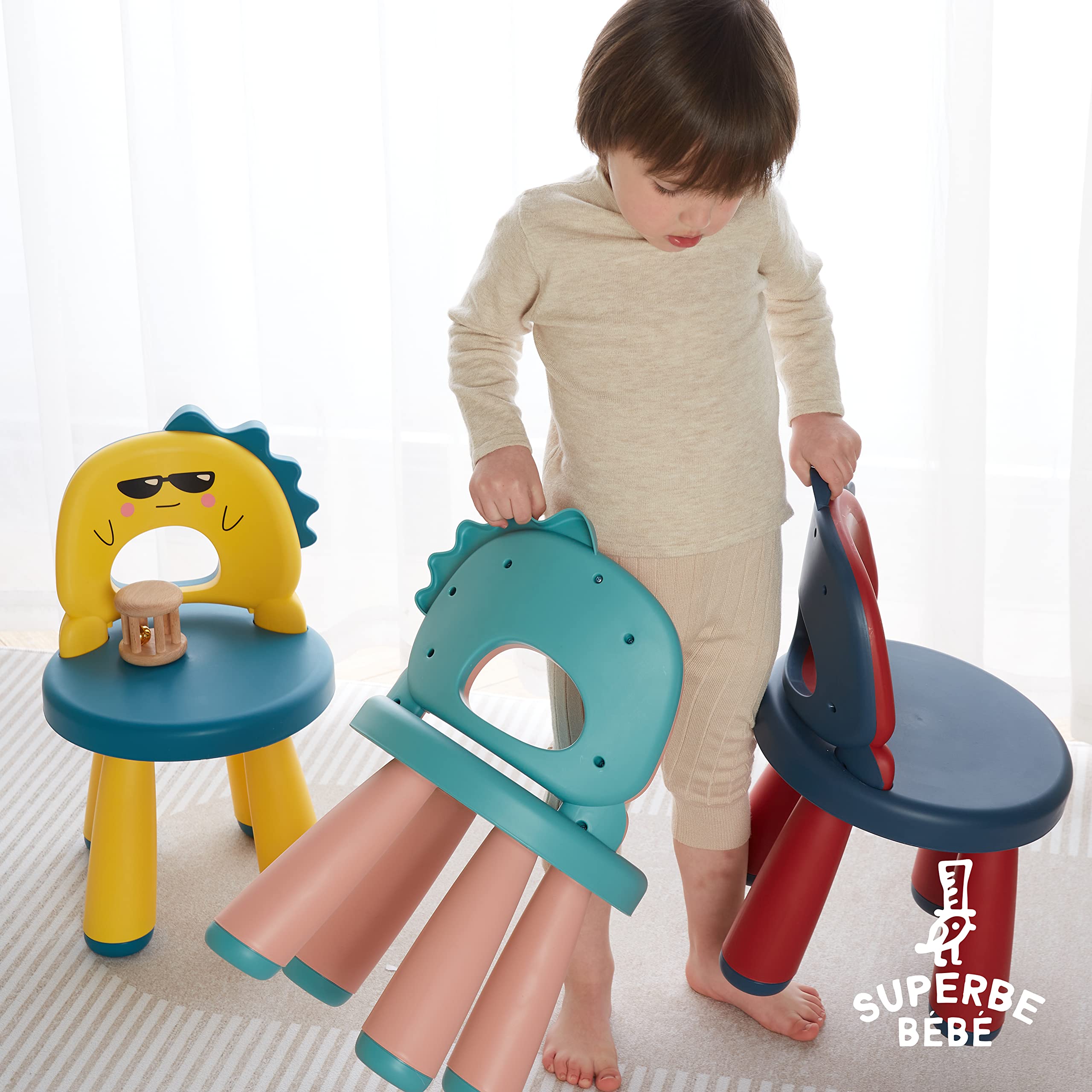Sedia da tavolo in plastica per bambini - Sgabello per bambini - Comodo, leggero e robusto - Adatto da 2 a 6 anni - Facile da pulire - Seduta ergonomica - Design a dinosauro - Vari colori