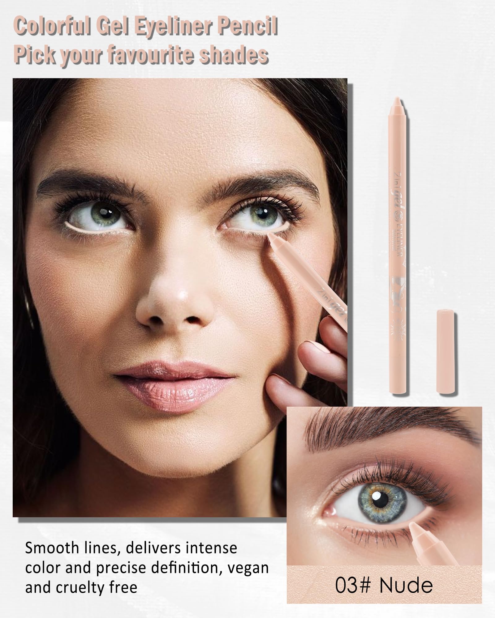 Nude Waterline - Lápiz delineador de ojos de gel, delineador de ojos color melocotón, impermeable, a prueba de manchas, delineador de ojos de larga estancia con sacapuntas, seguro para ojos sensibles, 2