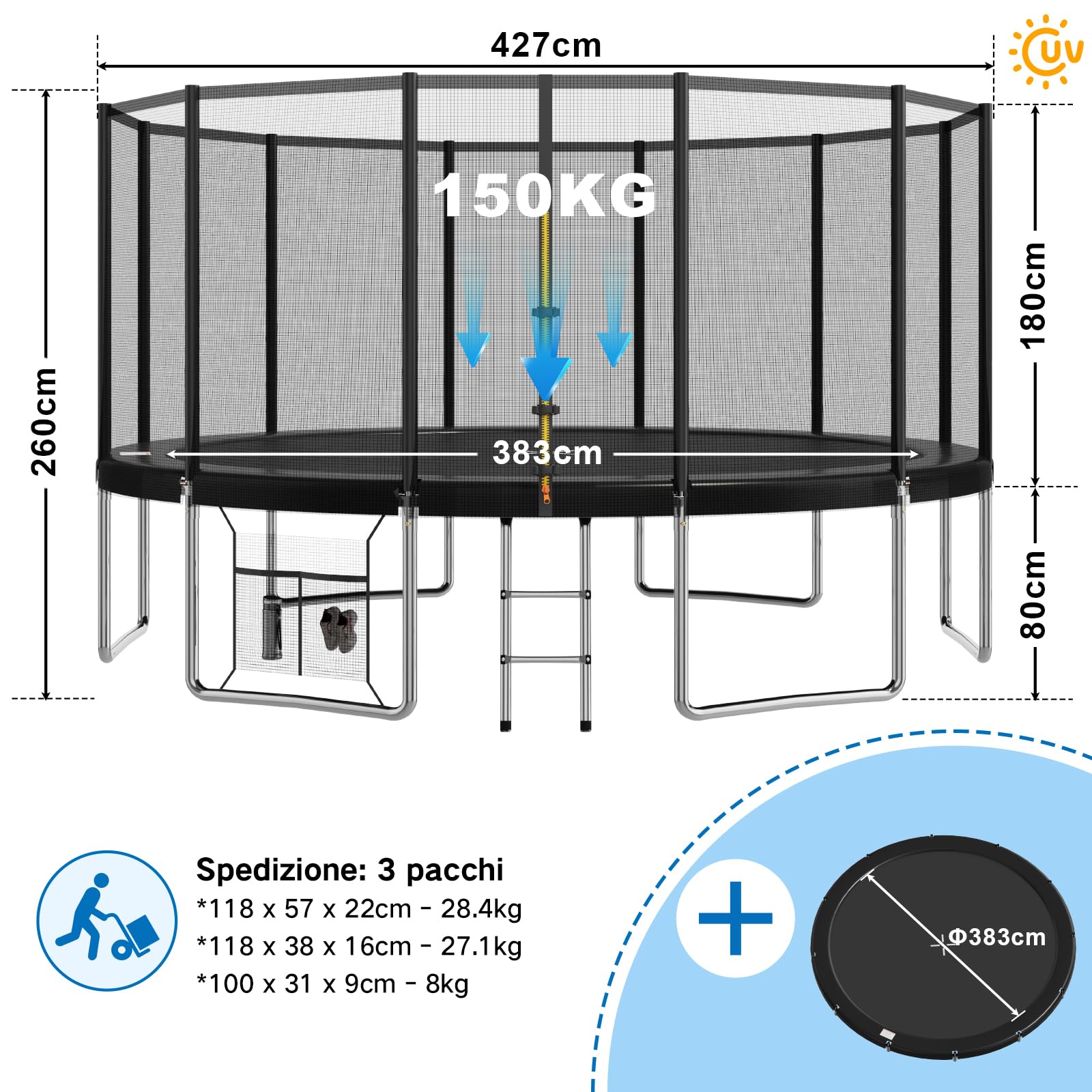 Devoko Trampolino Elastico per Adulti e Bambini, Tappeto Elastico da Giardino Ø 183/228/305/366/427 cm | Set Completo con Rete di Sicurezza, Scaletta, Copertura, Rete per Scarpe,150 kg