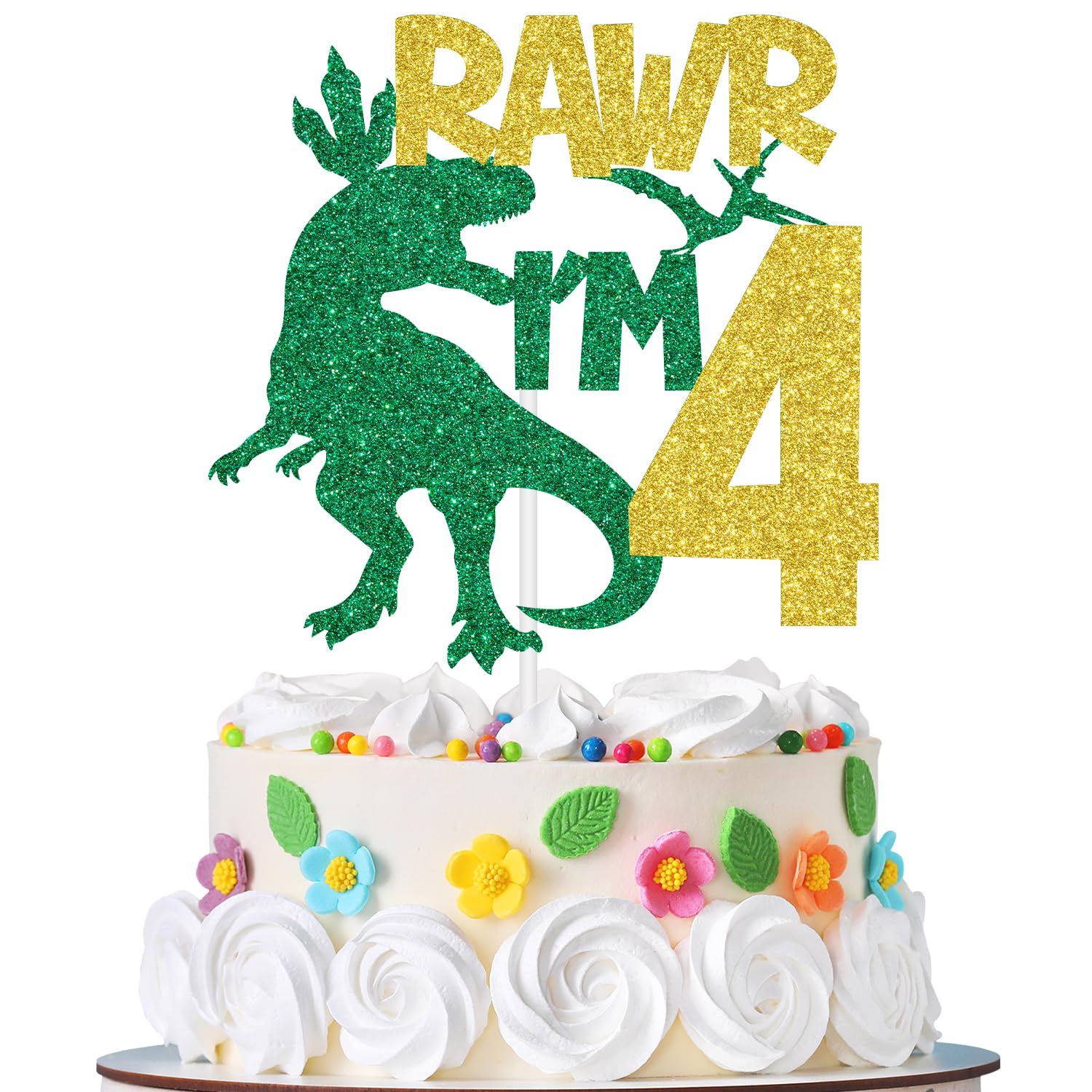 Rawr I’m 4 Cake Topper, Happy 4th Birthday Cake Decor for Boys, Four Rex, Dinosaur Jungle Safari Theme 4th Birthday Party Decorations Supplies Green