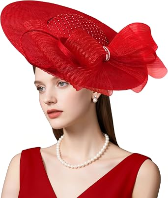 dressfan Wide Brim Fascinator Hats for Women,20s Linen Rhinestones Bow Big Hat for Derby Church Wedding Tea Party