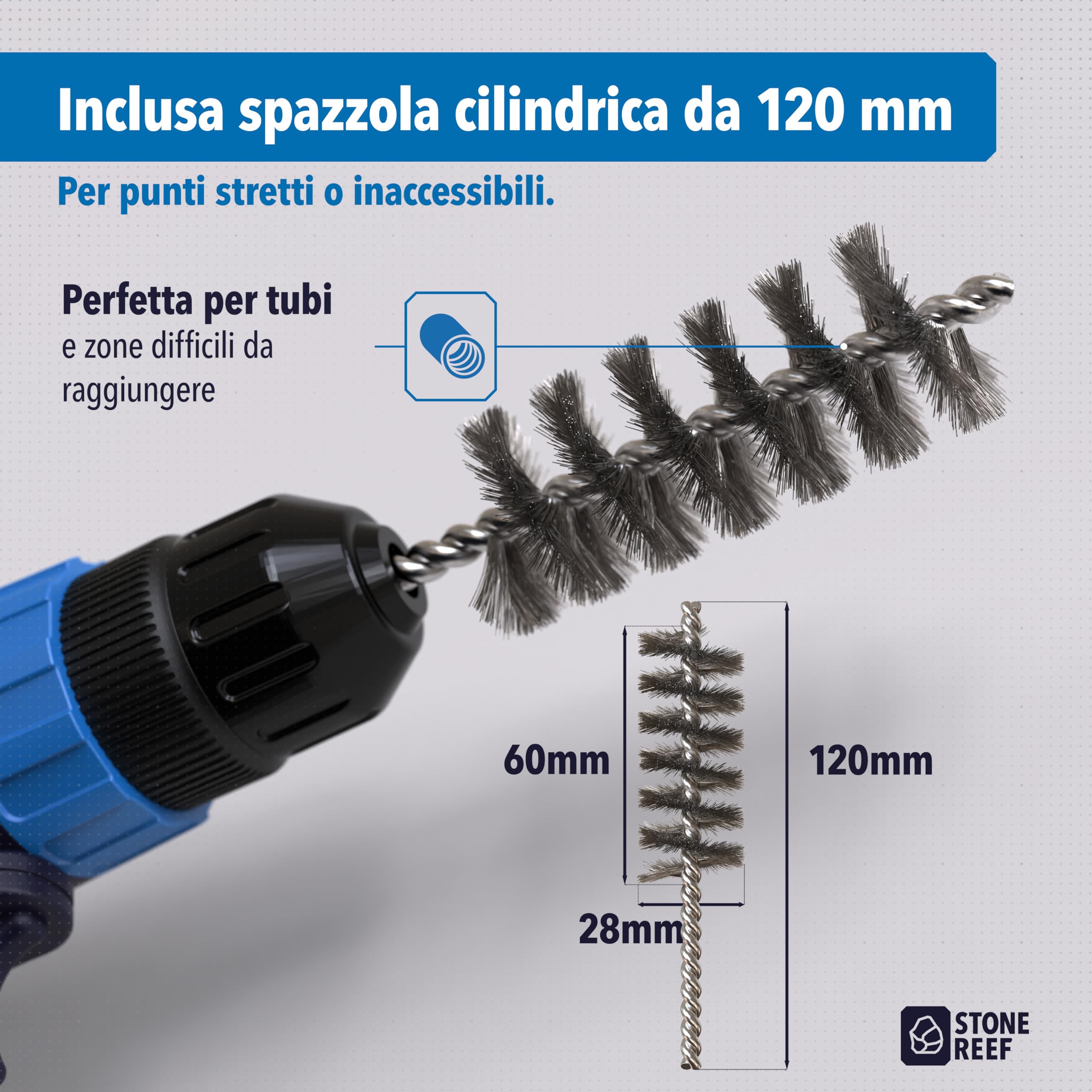 STONE REEF Set di 5 spazzole metalliche, fusto rotondo da 6 mm, trapani, avvitatore a batteria, accessori universali per la lavorazione della superficie, ideale per rimuovere la ruggine e rimuovere