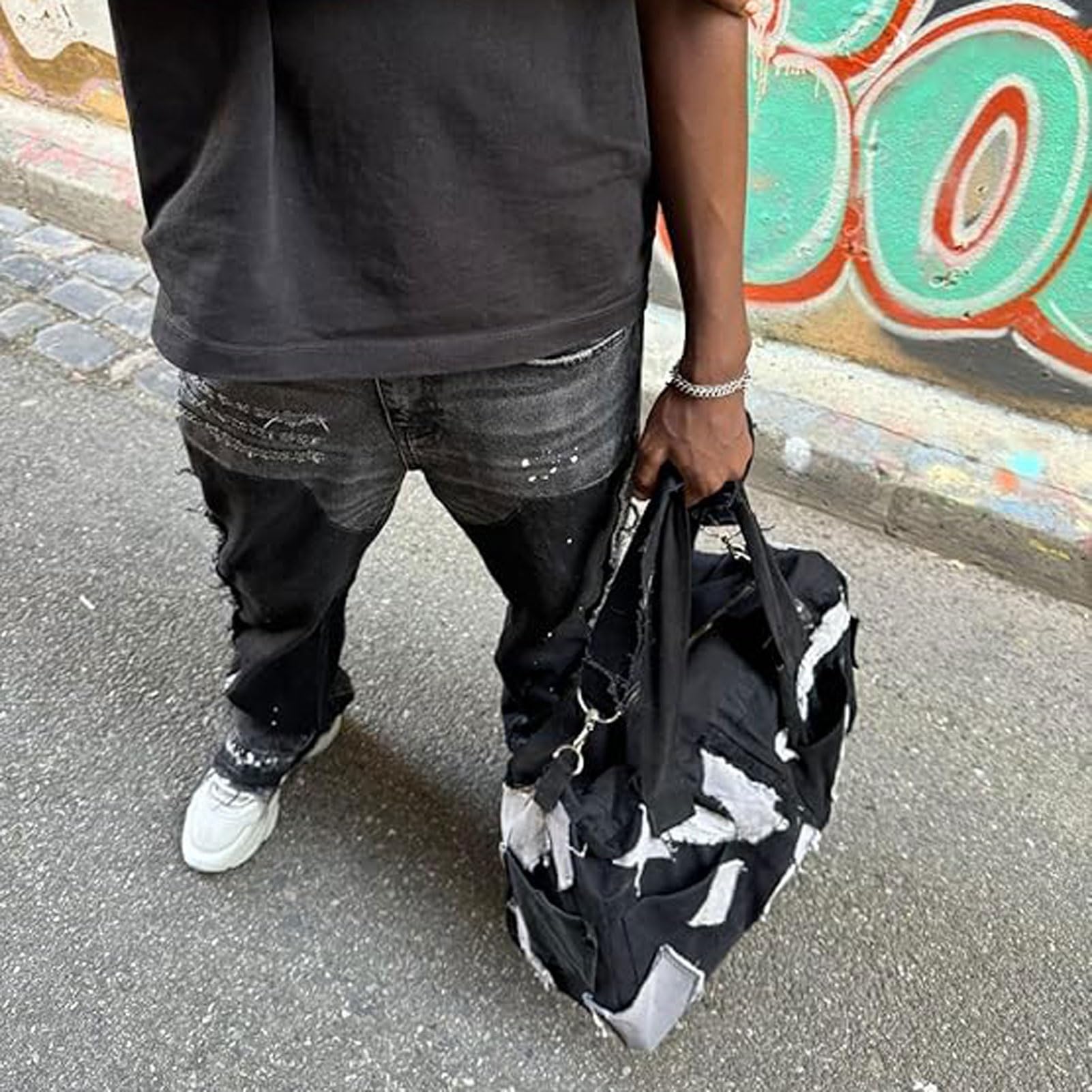 Flared Jeans Uomo, Pantaloni in Denim Streetwear Y2K con Disegno a Spruzzo d'inchiostro, Patchwork e Tasche, Pantaloni per Il Tempo Libero Bootcut Baggy in Stile Cowboy Hip Hop(Grey,M)