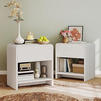 AMERLIFE Modern Night Stand Set 2 with Storage Drawer & Open Shelves, 24" Round Bedside Table Nightstand with Curved Top Corners for Bedroom Living Room Sofa Office, End Table for Small Spaces, White