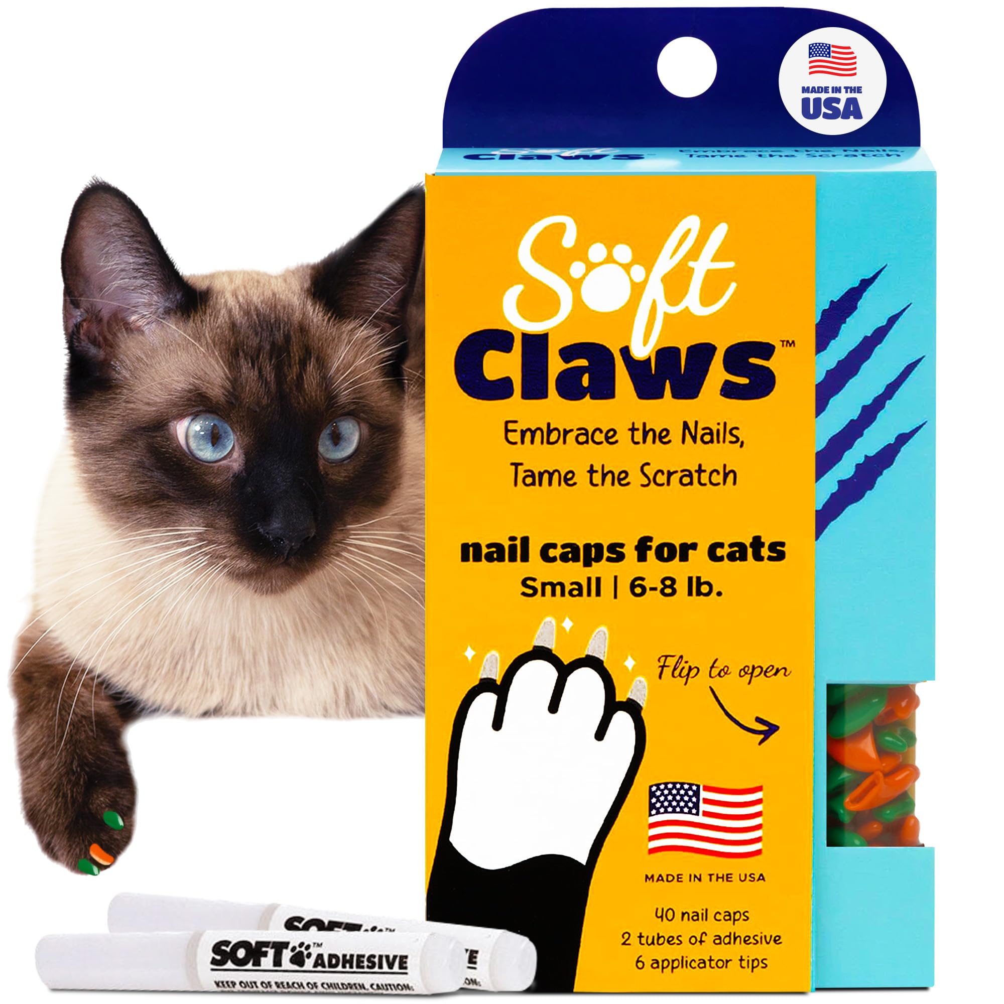 Soft Claws Nail Caps for Small Cats, 40 Caps, Green and Orange