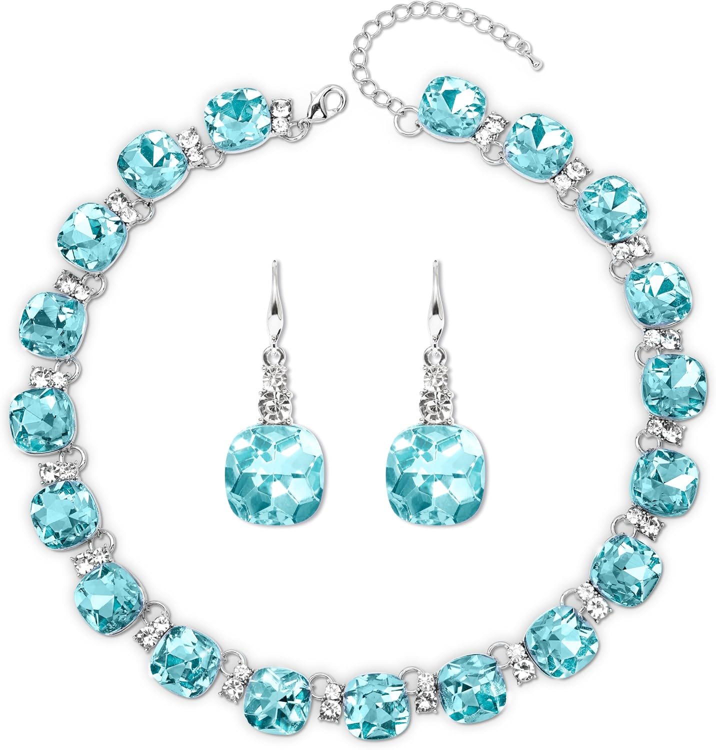 Grey/Blue Austrian Crystal Wedding Bridal Jewelry Set for Brides Bridesmaid, Gemstone Statement Necklace and Earring Set Formal Prom Jewelry Set for Silver-Tone Fit With Evening Dress