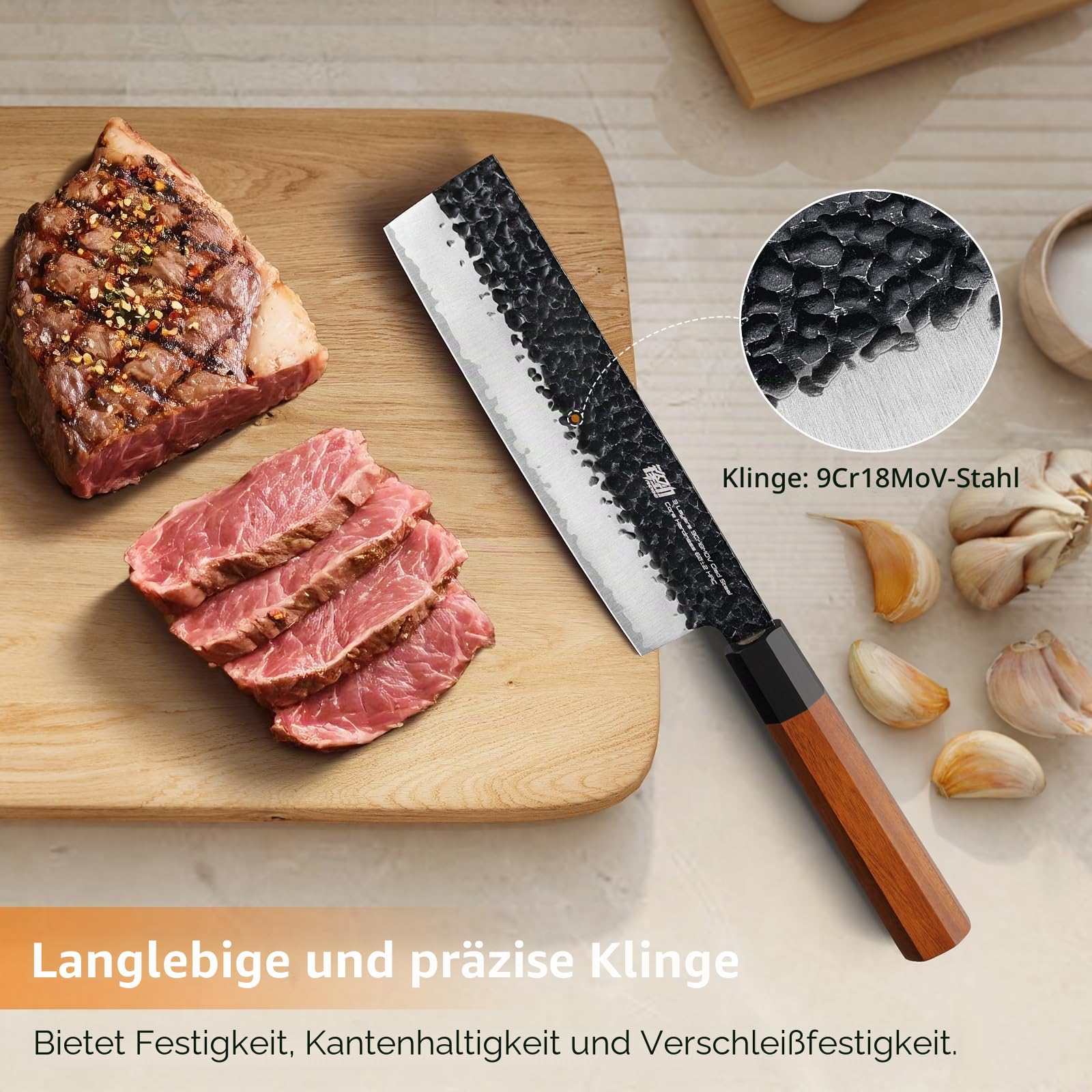 FINDKING Dynasty Serie Japanisches Nakiri-Messer, Profi-Gemüseschneider, Klinge aus 9Cr18MoV-Stahl mit hohem Kohlenstoffgehalt, zum Zerkleinern, Schneiden, Hacken, 7 Zoll/18 CM | 9Cr18MoV Stahl,Hammerschlag,Rosenholzgriff,18 cm,Gemüse,Obst,Kräuter,Küche,H