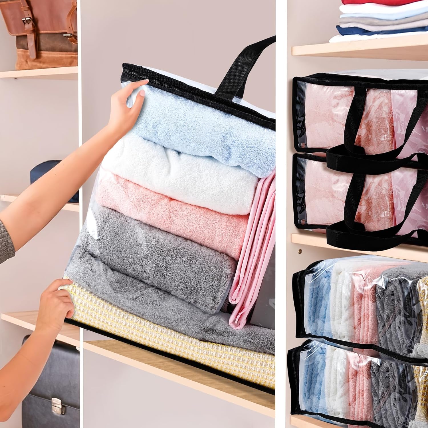 10 Pack Clear Zippered Storage Bag,22L Clear Storage Bags for Clothes,Plastic Moving bags with Zipper,Closet Organizers and Containers for Bedding,Blanket,Comforter,Clothing(Black)