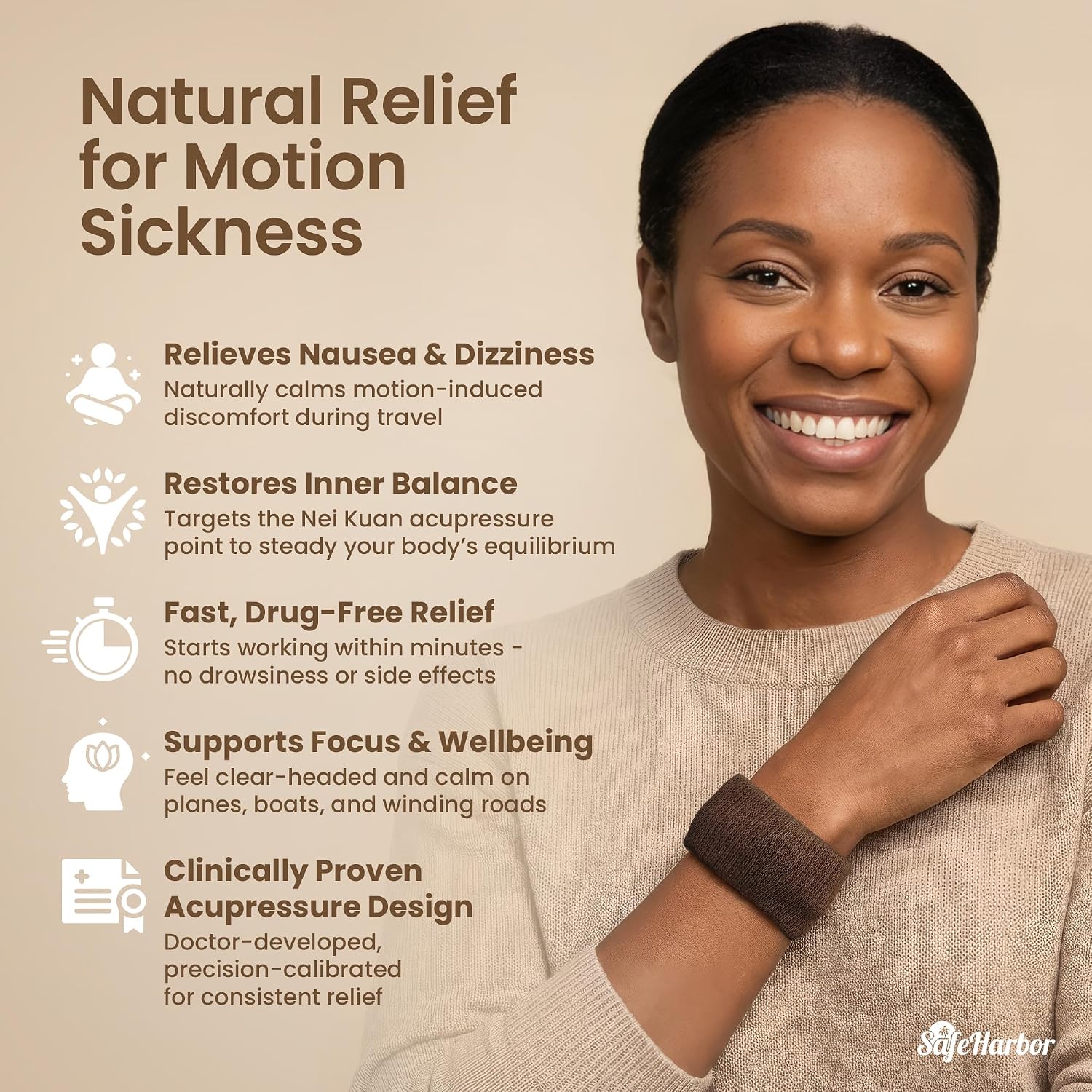 SafeHarbor Skin-Tone Motion Sickness Wristbands (One Pair) | Acupressure Anti Nausea Wristbands for Cruise & Travel | Natural Sea Sickness and Morning Sickness Relief (Sand)