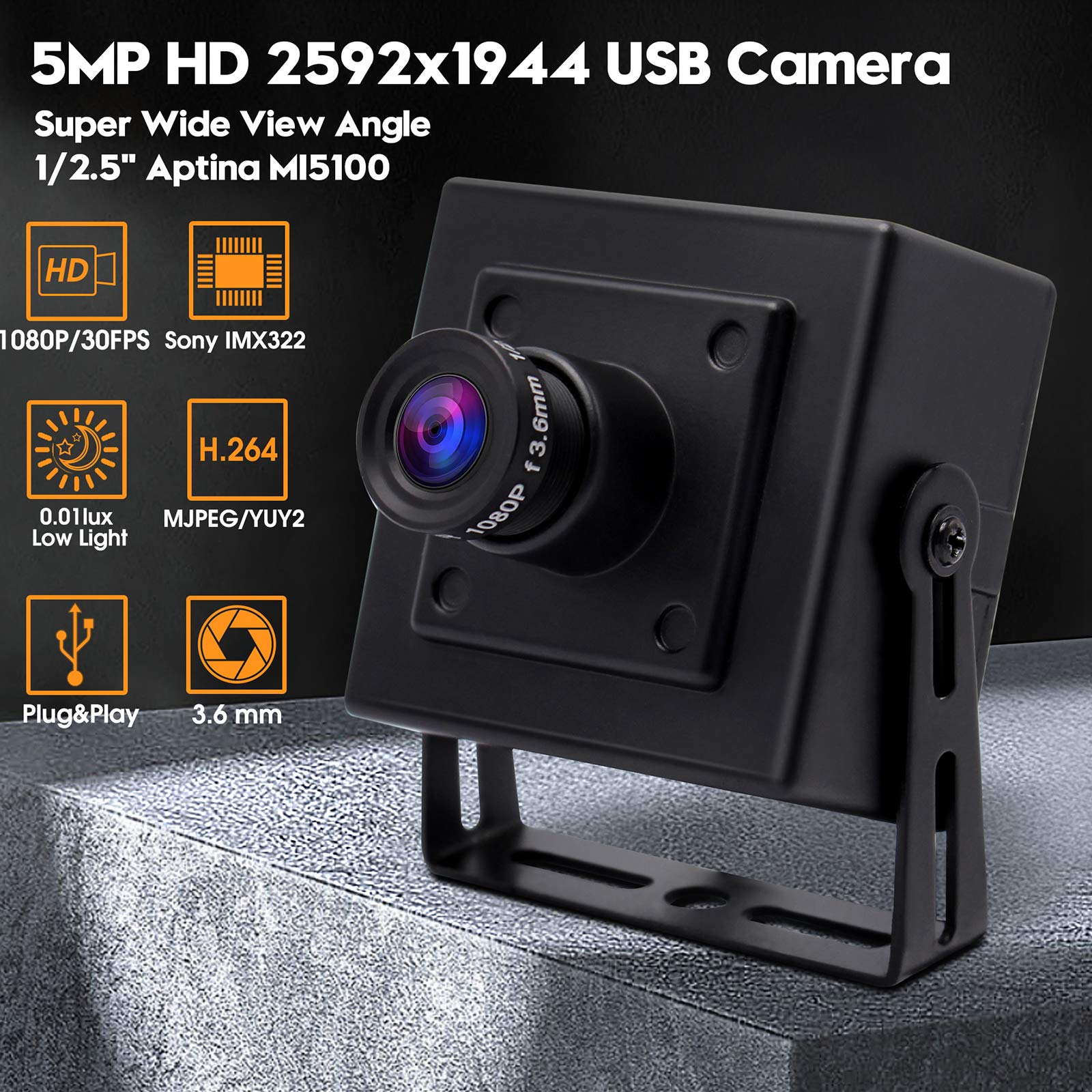 Svpro Full HD 1080P Low Light Kamera USB Kamera mit Aluminiumgehäuse, IMX323 Sensor Mini USB Webkamera 2MP H.264 USB Webcam mit integriertem digitalen Mikrofon für PC oder Embedded-Projekt
