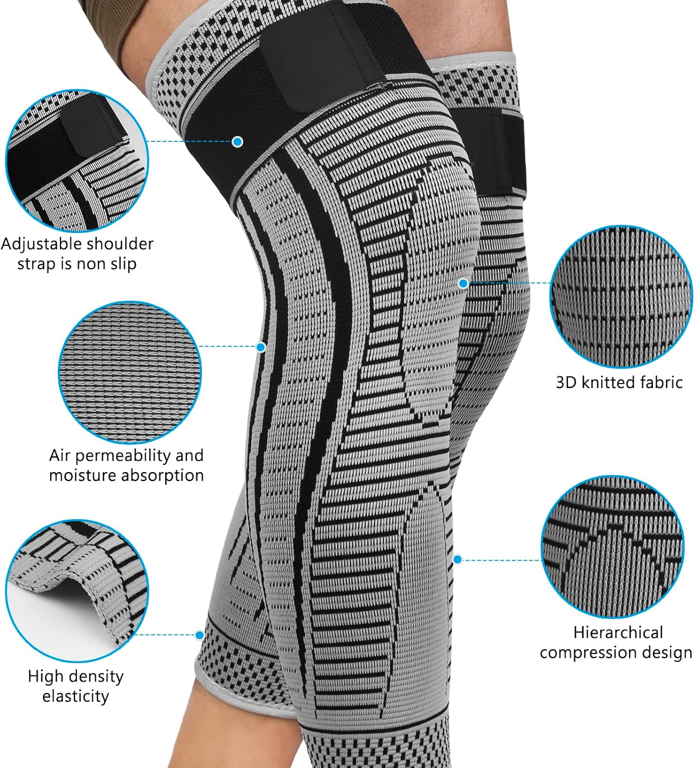 Full Leg Compression Sleeves 2 Pack Long Knee Support for Men and Women for ACJ, Meniscus Tear, Arthritis - Image 2